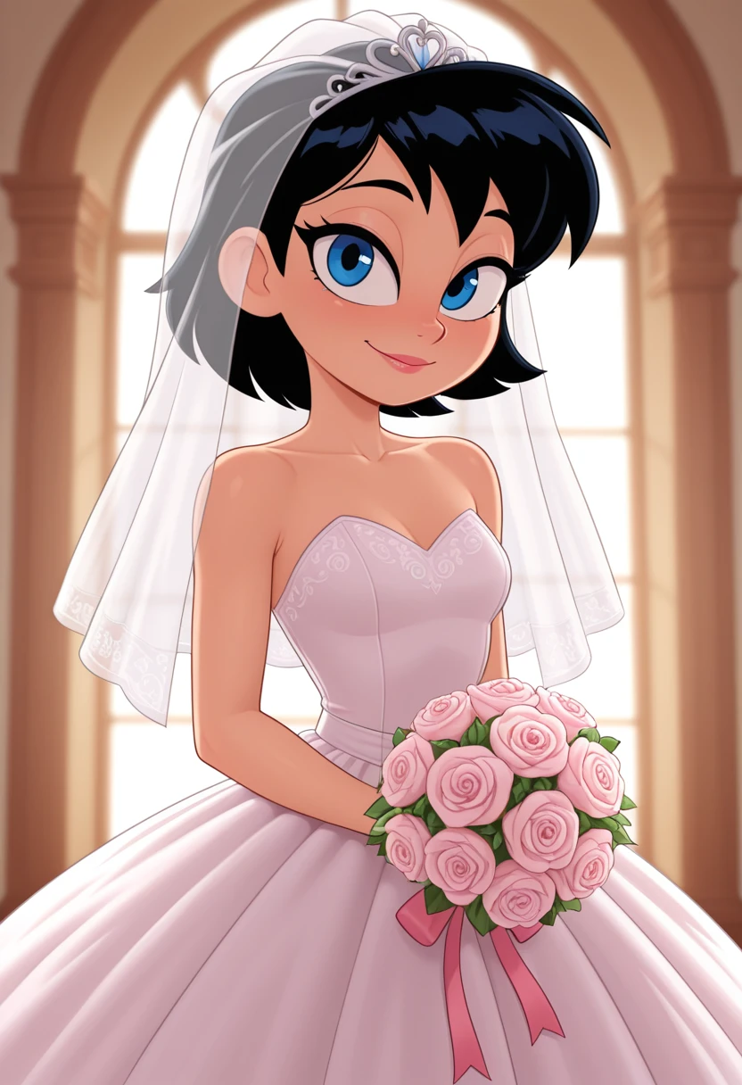 1girl,looking at viewer,wedding dress,black hair,blue eyes,, masterpiece,best quality,amazing quality,very aesthetic,high resolution,ultra-detailed,absurdres,newest,cartoon,toon,
