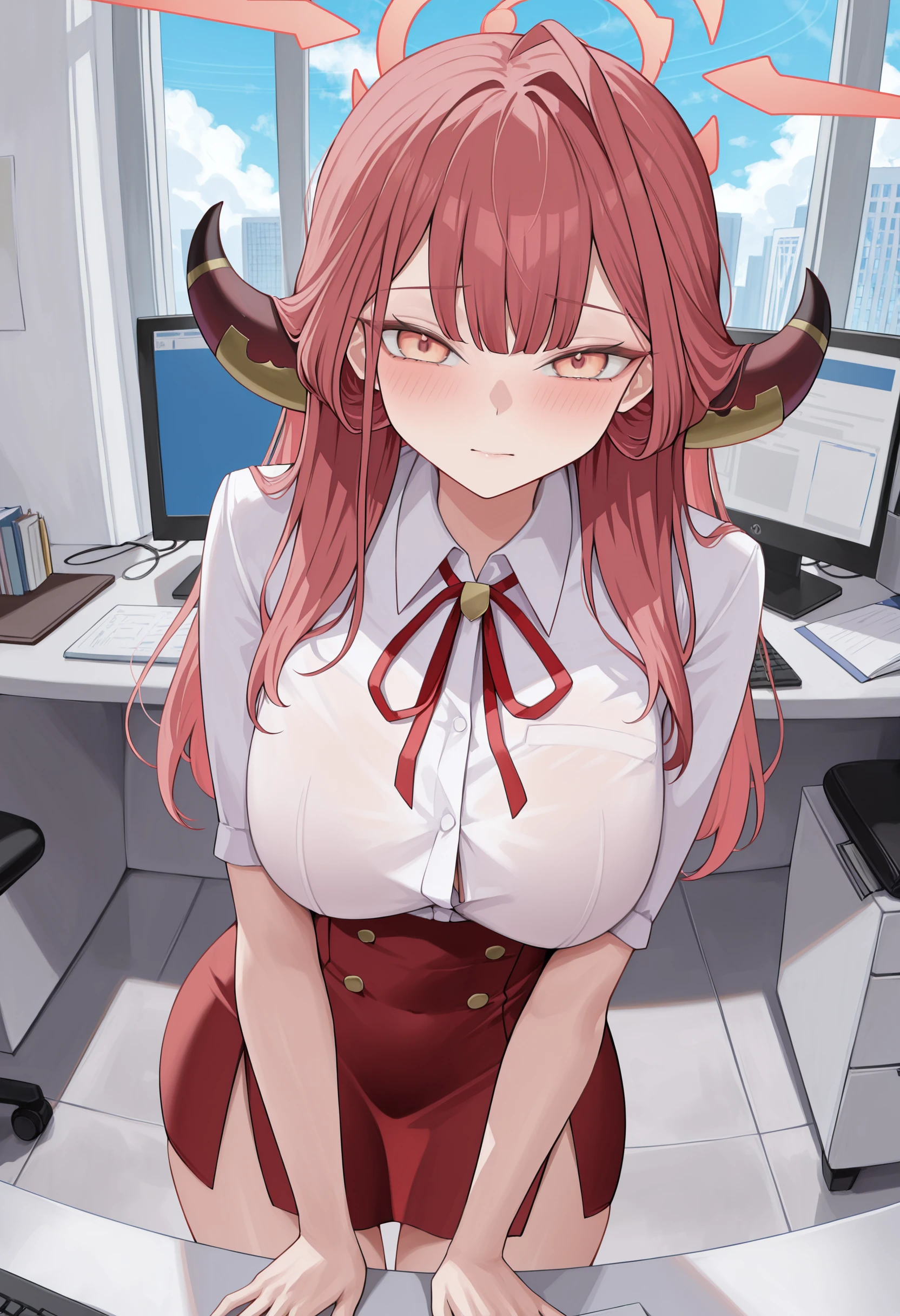 masterpiece, best quality, absurdres, highres, newest, 1girl, solo, <lora:harutuki-style-richy-v1_ixl:1> aru \(blue archive\), standing, indoors, office, looking at viewer, blush, closed mouth,