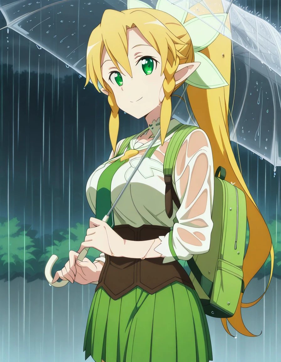 masterpiece, best quality, amazing quality,, <lora:suguha-kirigaya-s1-illustriousxl-lora-nochekaiser:1>, suguha kirigaya, leafa (sao), long hair, blonde hair, hair between eyes, green eyes, ponytail, braid, pointy ears, twin braids, mature female, breasts, anime screencap, <lora:getsuyoubi-no-tawawa-538-illustriousxl-lora-nochekaiser:1>, getsuyoubinotawawa538, looking at viewer, smile, skirt, shirt, holding, cowboy shot, pleated skirt, necktie, bag, wet, umbrella, backpack, wet clothes, rain, holding umbrella, transparent, transparent umbrella,, , ,