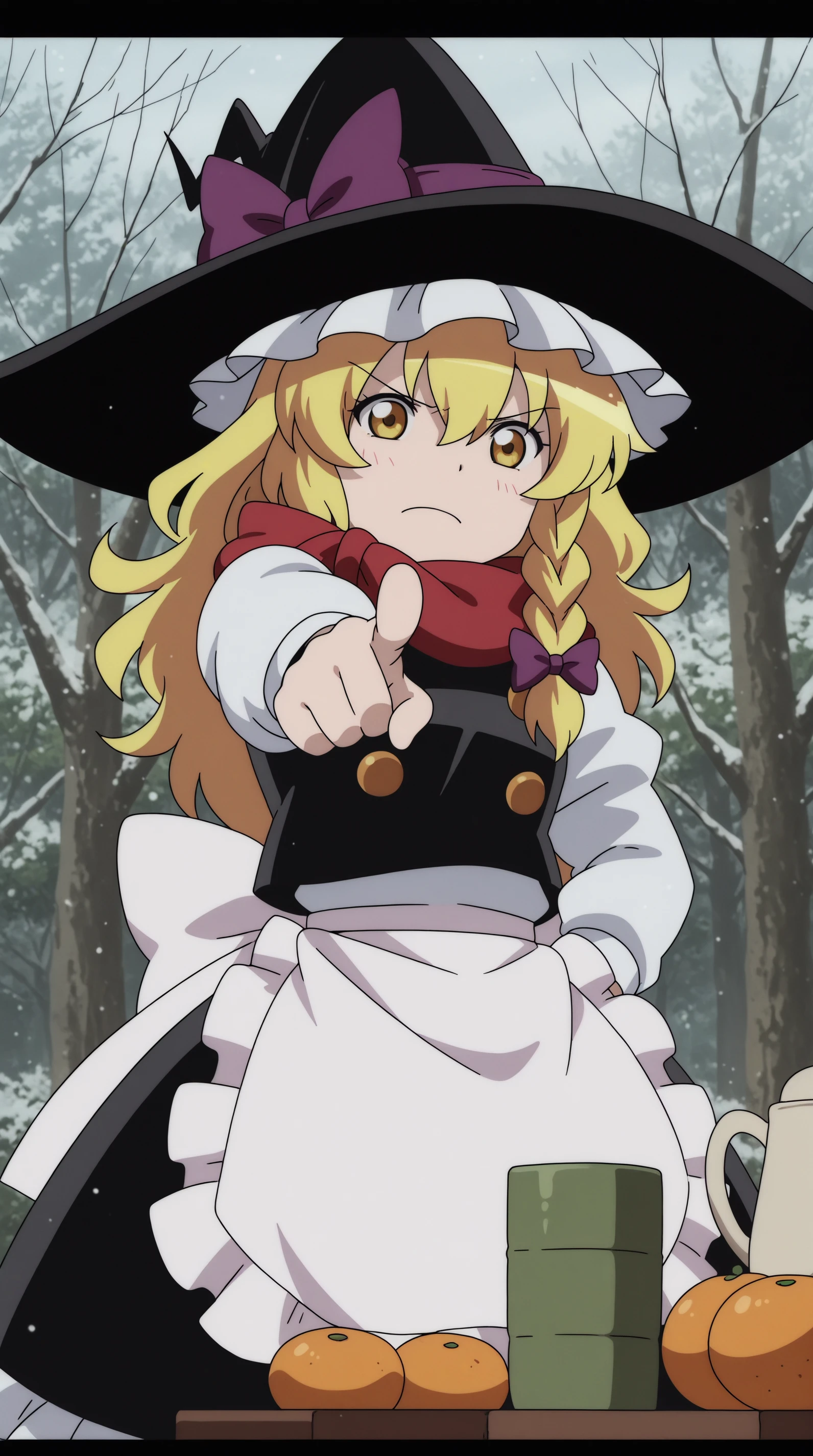 masterpiece, anime coloring, newest, Marisa, Main Outfit, solo, closed mouth, standing, food, scarf, cup, tree, v-shaped eyebrows, fruit, witch hat, frown, pointing, teacup, red scarf, black border, teapot, >:\(, mandarin orange, yunomi, kettle <lora:JN_Marisa_Illus:0.8>