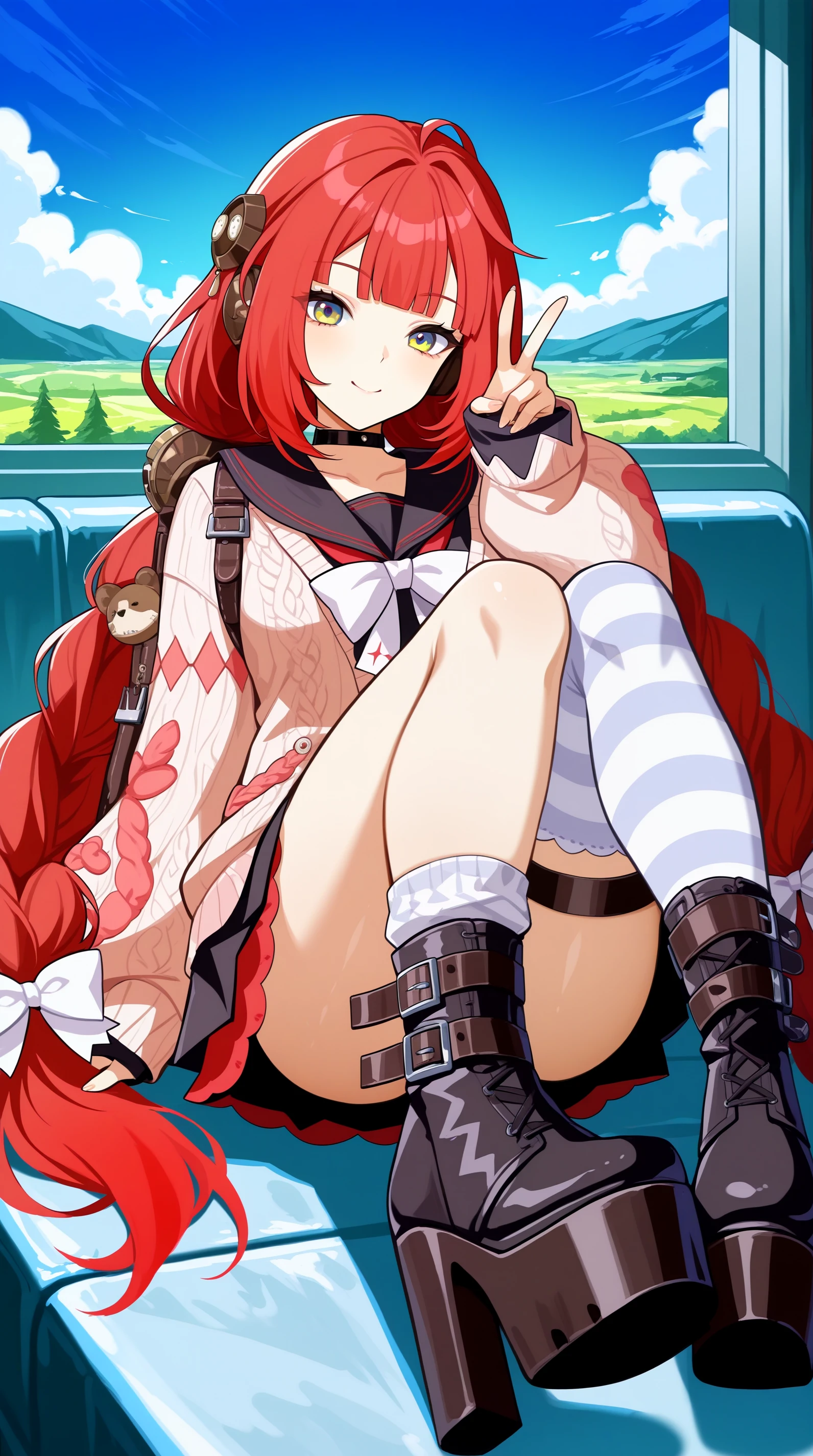 masterpiece, best quality, amazing quality, best quality, 4k, upscale, dynamic pose,foreshortening, v, indoors, outdoors, sky, landscape, yuzuha, 1girl, solo, red hair, very long hair, twintails, braid, twin braids, hair bow, low twintails, green eyes, multicolored eyes, bangs, hair ornament, ahoge, tail, black choker, skirt, headphones, striped, thighhighs, asymmetrical legwear, black skirt, black footwear, pantyhose, black sailor collar, serafuku, backpack, long sleeves, cardigan, high heel boots, platform footwear, puffy long sleeves, sleeves past wrists, thigh strap, <lora:Ukinami_Yuzuha_IL:0.8>