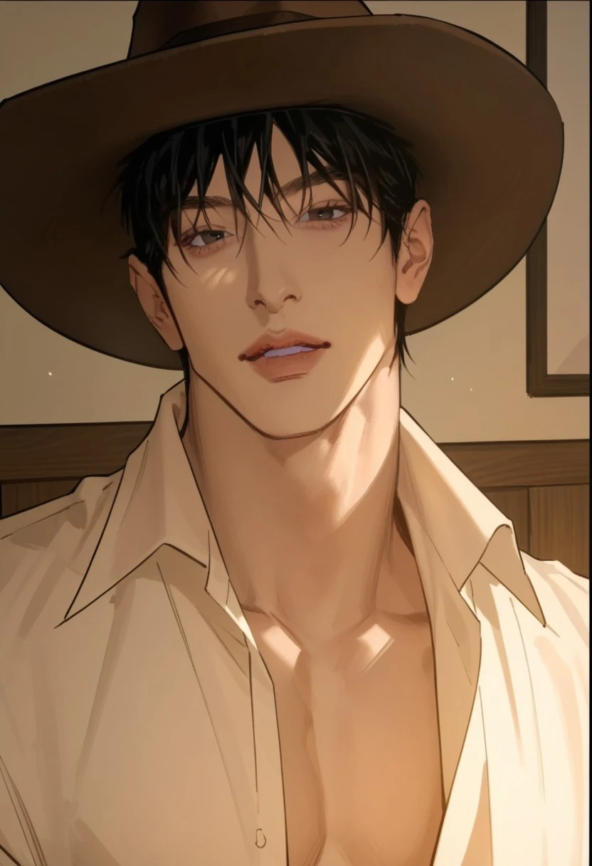 Y33h4w, score_9, score_8_up, score_7_up, 1boy, black hair, straight hair, mucular, cowboy, parted lips, looking at viewer, sultry, 3/4 view, open shirt, cowboy hat, morning, aesthetic, cinematic, face focus