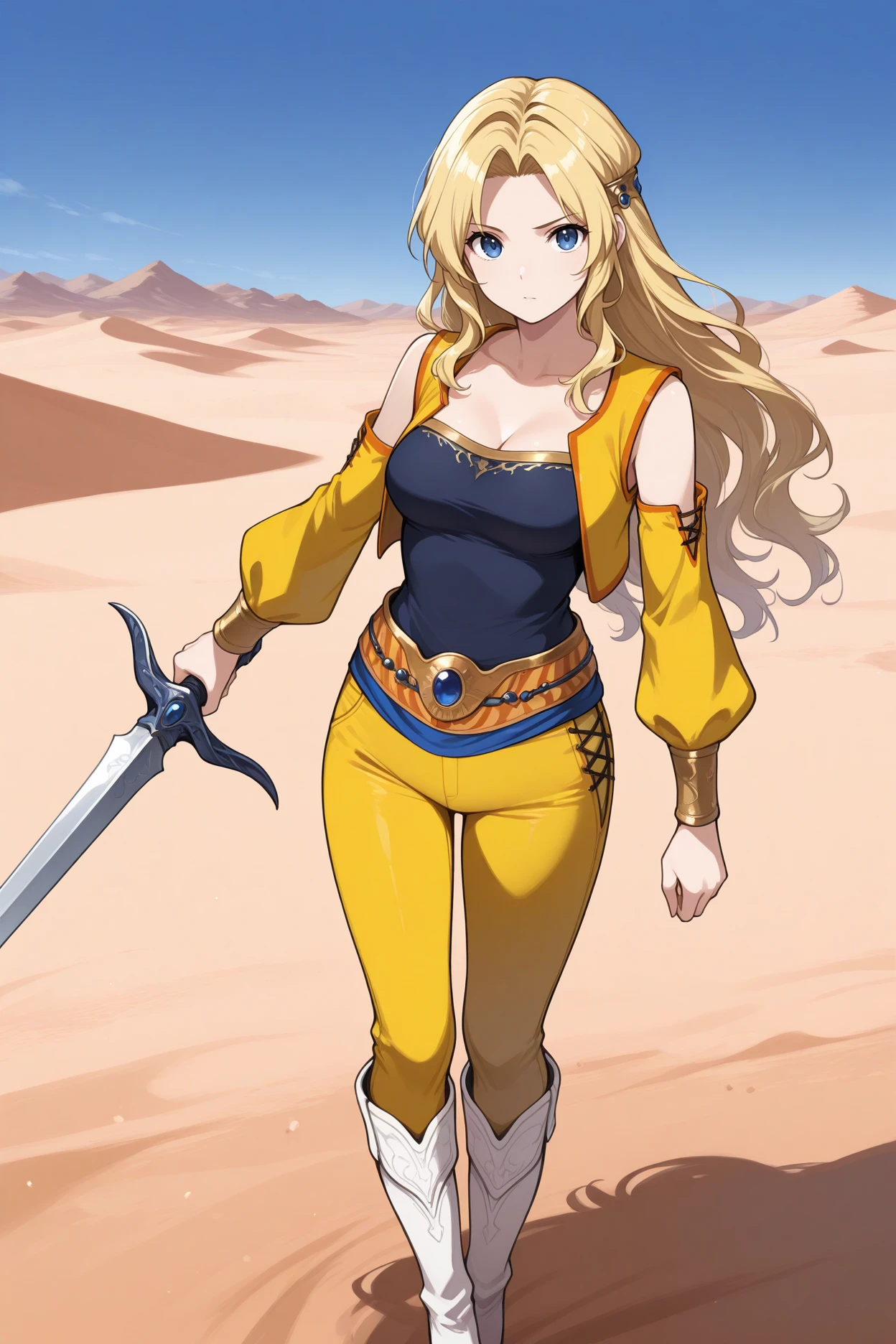 masterpiece, best quality, 1girl, solo, <lora:ffceles-illu-nvwls-v1-000006:1> ffcls, blonde hair, long hair, parted bangs, blue eyes, wavy hair, yellow vest, detached sleeves, yellow sleeves, dark blue shirt, cleavage, sash, yellow pants, side-laced pants, sarong, white boots, holding sword, standing, looking at viewer, raised eyebrow, desert, blue sky, mountains