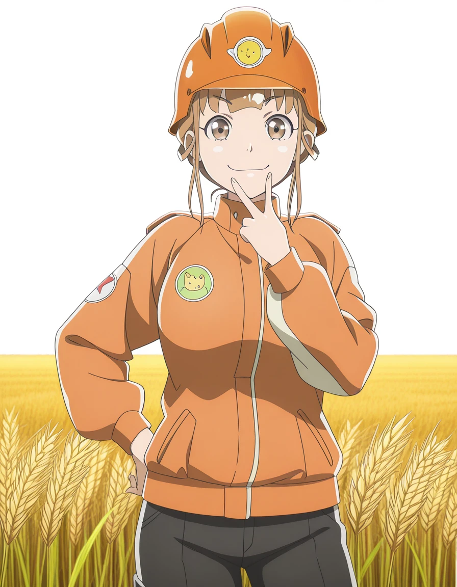 masterpiece, best quality, amazing quality,, <lora:hinata-miyake-s1-illustriousxl-lora-nochekaiser:1>, hinata miyake, miyake hinata, short hair, brown hair, brown eyes, mature female, breasts, anime screencap,, jacket, helmet, orange jacket, orange helmet,, v, v over mouth, smug,, wheat field, golden, harvest, farming, open, cowboy shot, solo, looking at viewer, <lora:transparent-background-illustriousxl-lora-nochekaiser:1>, transparent background, simple background, white background