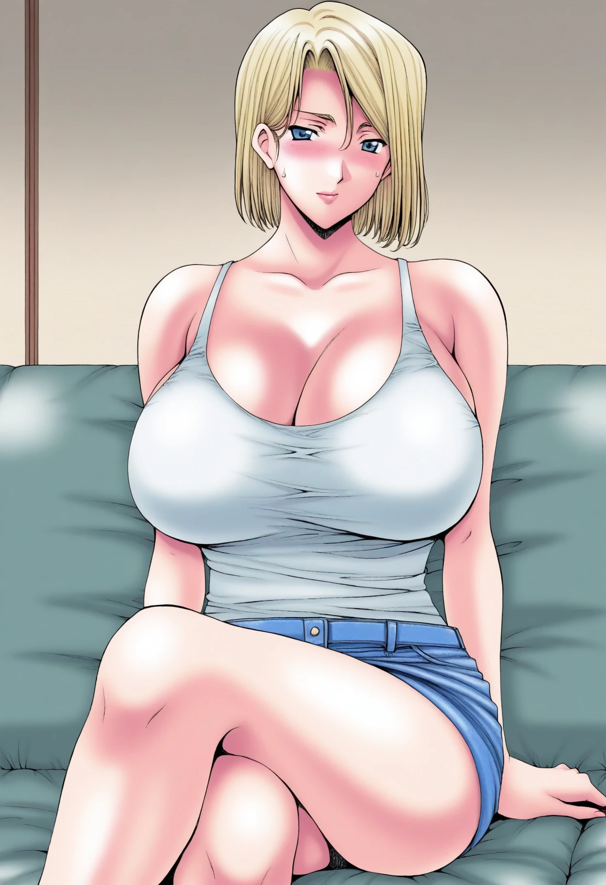 masterpiece, Highest quality, High resolution, (Artificial Human Room No. 18),1990s \(style\),(E-cup beautiful breasts)、height: 170cm,Sweating all over the body、vapor、Muscular、((sexy))、(nsfw),M-shaped legs,Sweaty、独奏,Anime-style painting style, blonde hair, Blue eyes, belt, jeans, pearl_necklace, bracelet, black gloves, white shirt, short hair, short sleeves, earrings, blue pants, open vest, black vest,middle breasts、Composition focusing on the upper body,(Cool face)、Pointed eyes