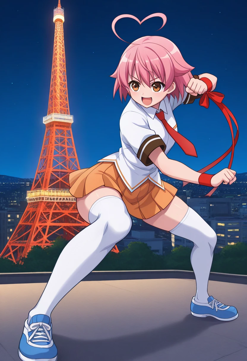 1girl, solo, ainohaato, pink hair, short hair, heart ahoge, brown eyes, shirt, short sleeves, necktie, wrist ribbon, wristband, skirt, school uniform, thighhighs, shoes, fighting stance, open mouth, serious, smile, outdoors, tokyo tower, night, district