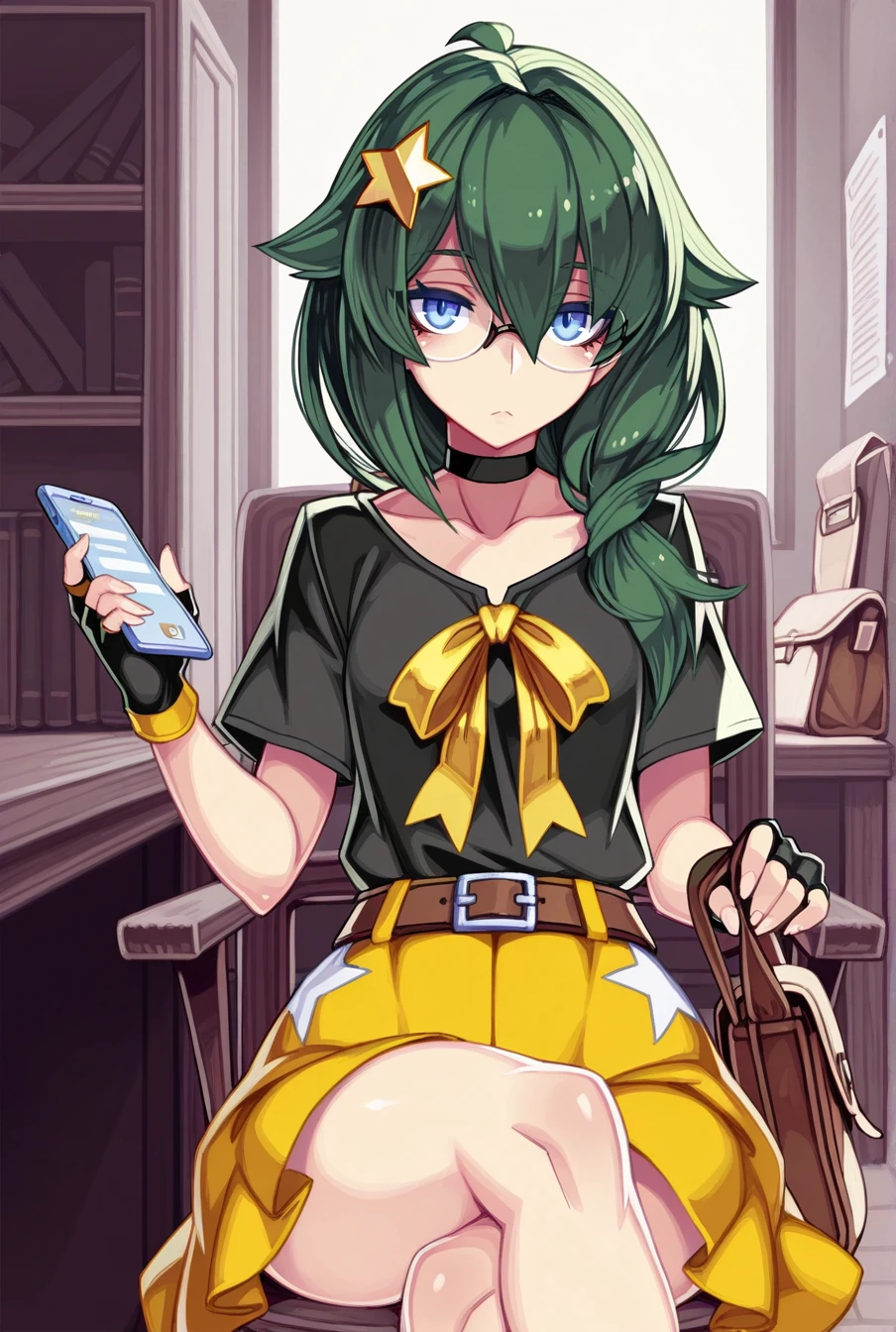 masterpiece, best quality, 1girl, solo,  <lora:Rival_Ivy:1> , rivalivy, green hair, blue eyes, star hair ornament, glasses, black shirt, yellow  ribbon, belt, yellow skirt, fingerless gloves, brown bag, choker,  kenkou cross, indoors, chair, sitting, crossed legs, holding phone, looking at viewer