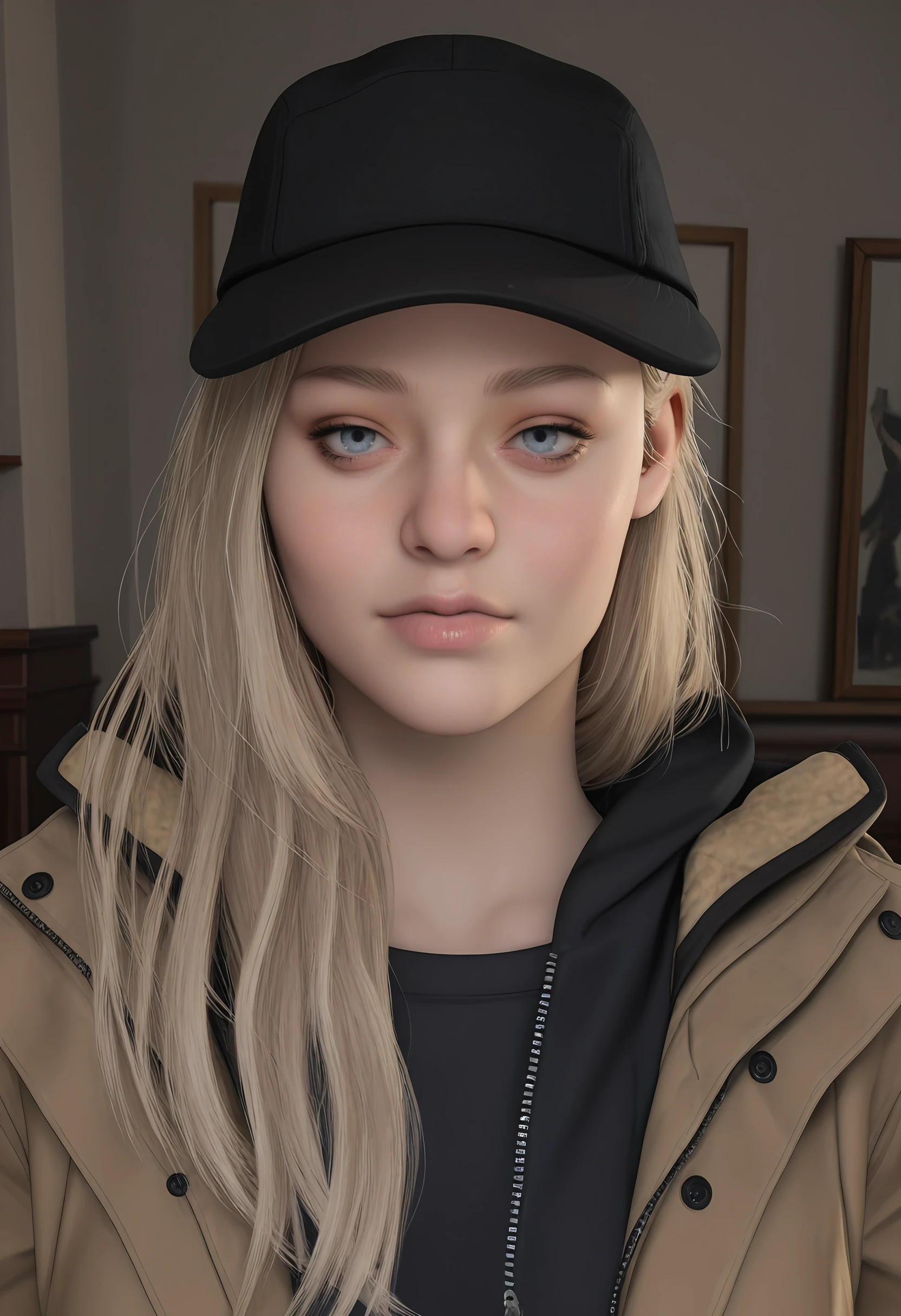 masterpiece, best quality, amazing quality, very aesthetic, absurdres, newest, <lora:RosemaryRE8ILf:1> r0silf, 3d, 1girl, blonde hair, spiky hair, blue eyes, small breasts, baseball cap, jacket, portrait, straight-on,
indoors,