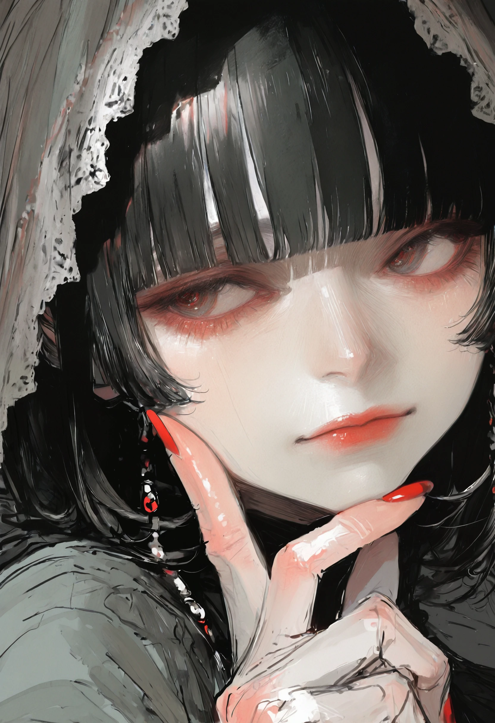 <lora:kota-illustriousXL_v01_V3-CAME>, 1girl, solo, black hair, red nails, portrait, realistic, red lips, looking to the side, nail polish, sketch, simple background, grey eyes, blunt bangs, fingernails, red pupils, index finger raised, closed mouth, finger to cheek, medium hair, veil, finger to own chin, grey background, red eyes