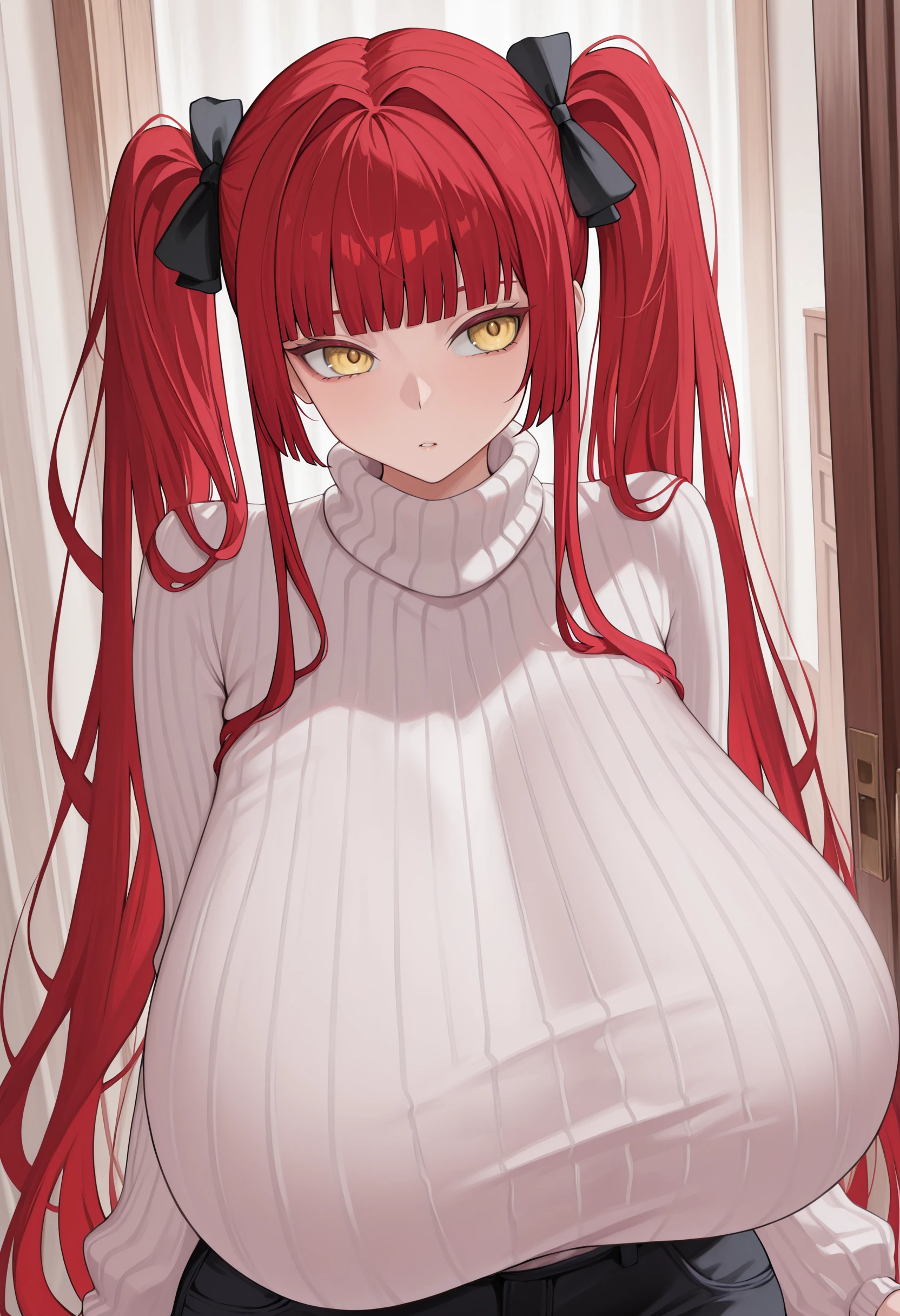 masterpiece, best quality, absurdres, highres, newest, 1girl, solo, <lora:harutuki-style-richy-v1_ixl:1> red hair, twintails, very long hair, blunt bangs, yellow eyes, gigantic breasts, turtleneck sweater, white sweater, ribbed sweater,