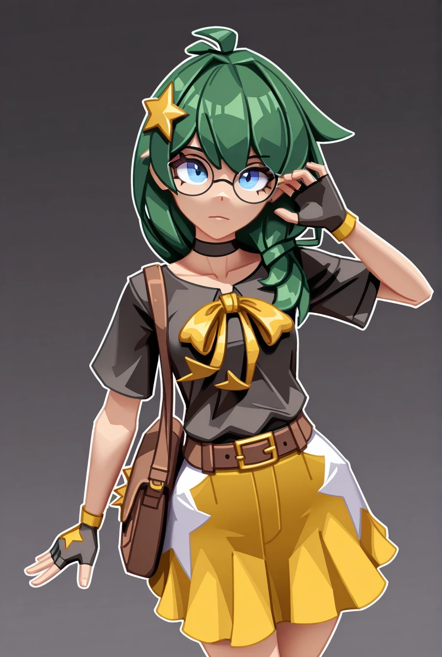 masterpiece, best quality, 1girl, solo,  <lora:Rival_Ivy:1> , rivalivy, green hair, blue eyes, star hair ornament, glasses, black shirt, yellow  ribbon, belt, yellow skirt, fingerless gloves, brown bag, choker, 3d, low poly, simple background,