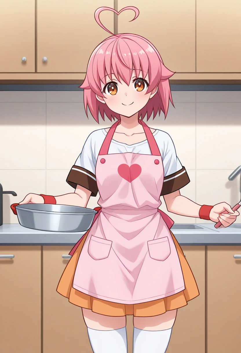 1girl, solo, ainohaato, pink hair, short hair, heart ahoge, brown eyes, shirt, short sleeves, wristband, skirt, thighhighs, pink apron, print apron, indoors, kitchen, holding pan, smile, cowboy shot, looking at viewer,