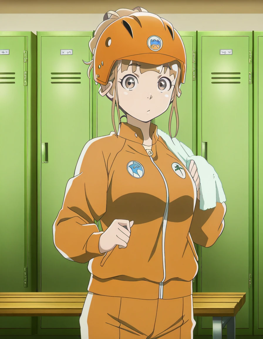 masterpiece, best quality, amazing quality,, <lora:hinata-miyake-s1-illustriousxl-lora-nochekaiser:1>, hinata miyake, miyake hinata, short hair, brown hair, brown eyes, mature female, breasts, anime screencap,, jacket, helmet, orange jacket, orange helmet,, v,, locker room, lockers, benches, towels, showers, cowboy shot, solo, looking at viewer,