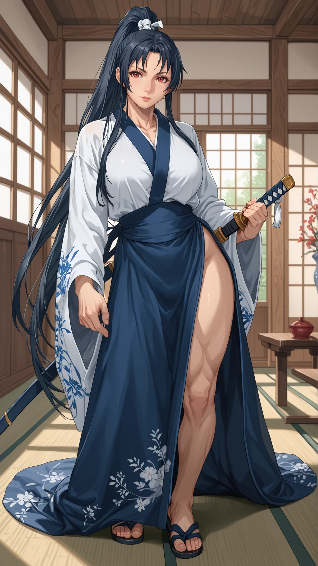 score_9, score_8_up, score_7_up, score_6_up, <lora:Gemuo_Style_pony:0.8>, cozy setting, inside dojo, indoors,
1girl, solo, shigure, dark blue hair, long hair, long ponytail, red eyes, muscular, large breasts, japanese dress, posing with long katana, looking at viewer, full body,