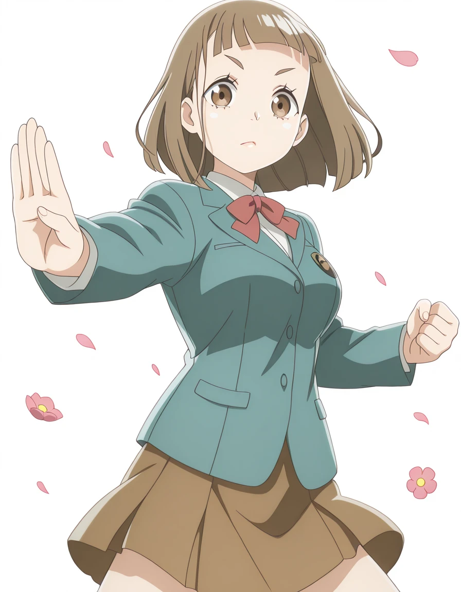 masterpiece, best quality, amazing quality,, <lora:mari-tamaki-s1-illustriousxl-lora-nochekaiser:1>, mari tamaki, tamaki mari, looking at viewer, bangs, brown hair, brown eyes, mature female, medium breasts, anime screencap,, skirt, bow, jacket, blazer,, <lora:kung-fu-illustriousxl-lora-nochekaiser:1>, kung fu, martial arts, training, fighting stance, cowboy shot, flower field, colorful, petals, scent, bloom, cowboy shot, solo, looking at viewer, <lora:transparent-background-illustriousxl-lora-nochekaiser:1>, transparent background, simple background, white background