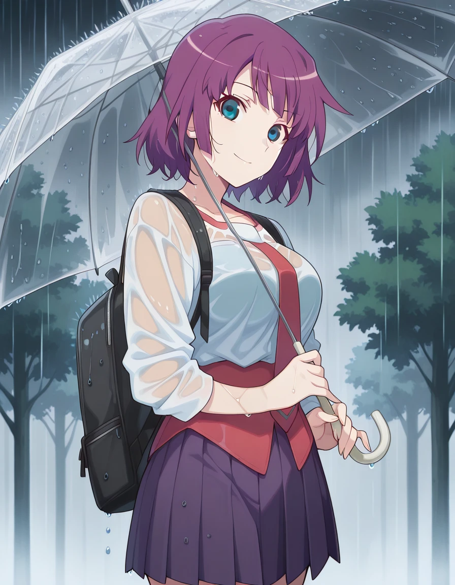 masterpiece, best quality, amazing quality,, <lora:hitagi-senjougahara-anime-illustriousxl-lora-nochekaiser:1>, hitagi senjougahara, bangs, short hair, blue eyes, purple hair, breasts, anime screencap, <lora:getsuyoubi-no-tawawa-538-illustriousxl-lora-nochekaiser:1>, getsuyoubinotawawa538, looking at viewer, smile, skirt, shirt, holding, cowboy shot, pleated skirt, necktie, bag, wet, umbrella, backpack, wet clothes, rain, holding umbrella, transparent, transparent umbrella,, , ,