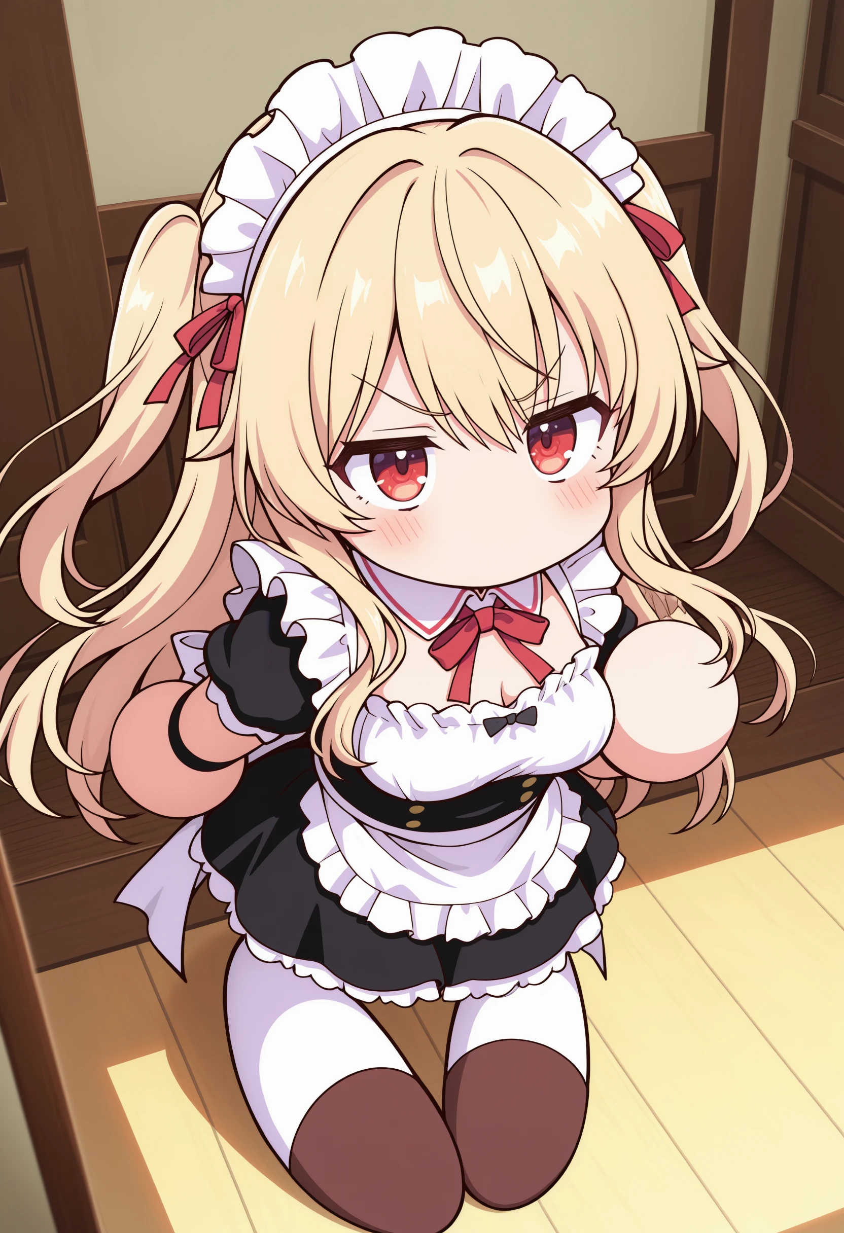 1girl,(sho \(sho lwlw\):0.7),(toosaka asagi:0.5),(sincos:0.3),solo,
masterpiece, best quality, newest, absurdres, CG, anime, source anime, illustration,
maid, maid headdress,medium breasts,
pawapuro , chibi ,no mouth,blush,full body , <lora:pawapuro_Illust_v3:1.2>
dutch angle, looking up, blonde hair, red eyes,scowl, college town, half updo hair,