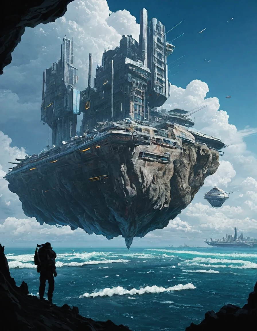 <lora:SW-TY02ill:1> above clouds, sea, above cyberpunk city, in a cave, waves, mothership,