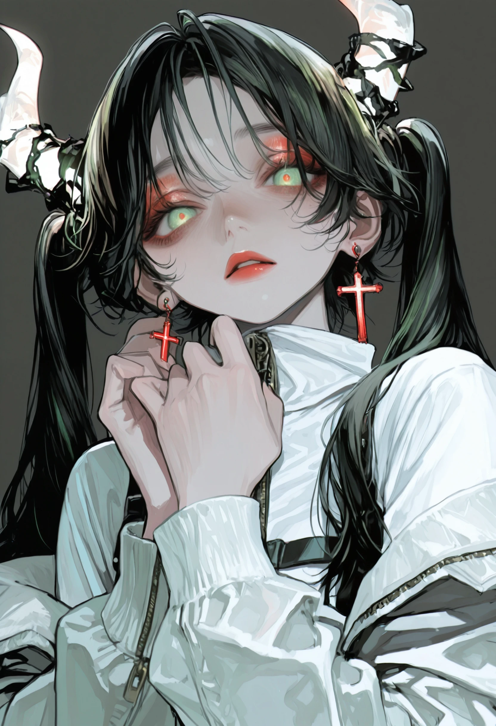 <lora:kota-illustriousXL_v01_V3-CAME>, 1girl, earrings, black hair, jewelry, solo, cross earrings, twintails, red lips, looking at viewer, grey background, horns, cross, glowing horns, zipper, jacket, long hair, green eyes, upper body, simple background, white jacket, parted lips, lips, off shoulder, hands up, makeup, zipper pull tab, open clothes, nose