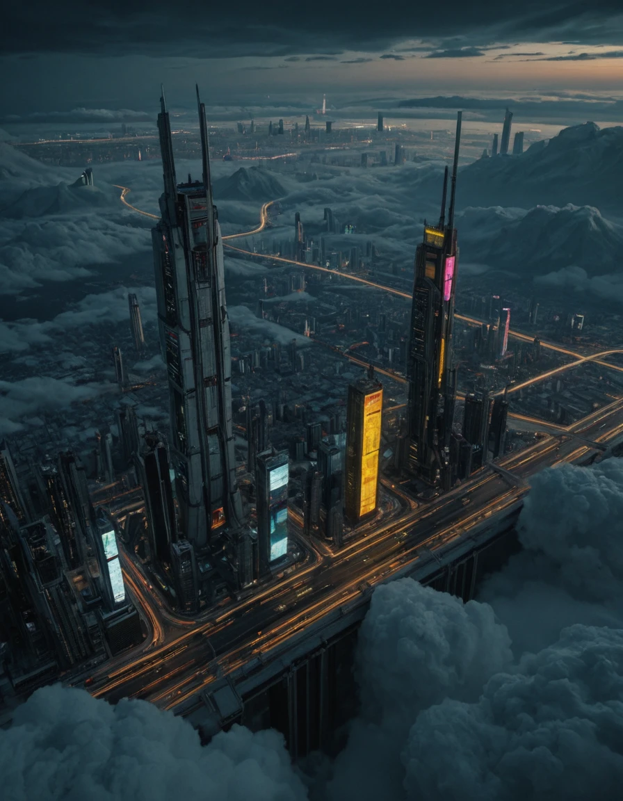 <lora:SW-TY02ill:1> above clouds, cyberpunk city with illuminated design tall buildings, from side, highway, multi levels, epic details, illuminated, on a mountain,