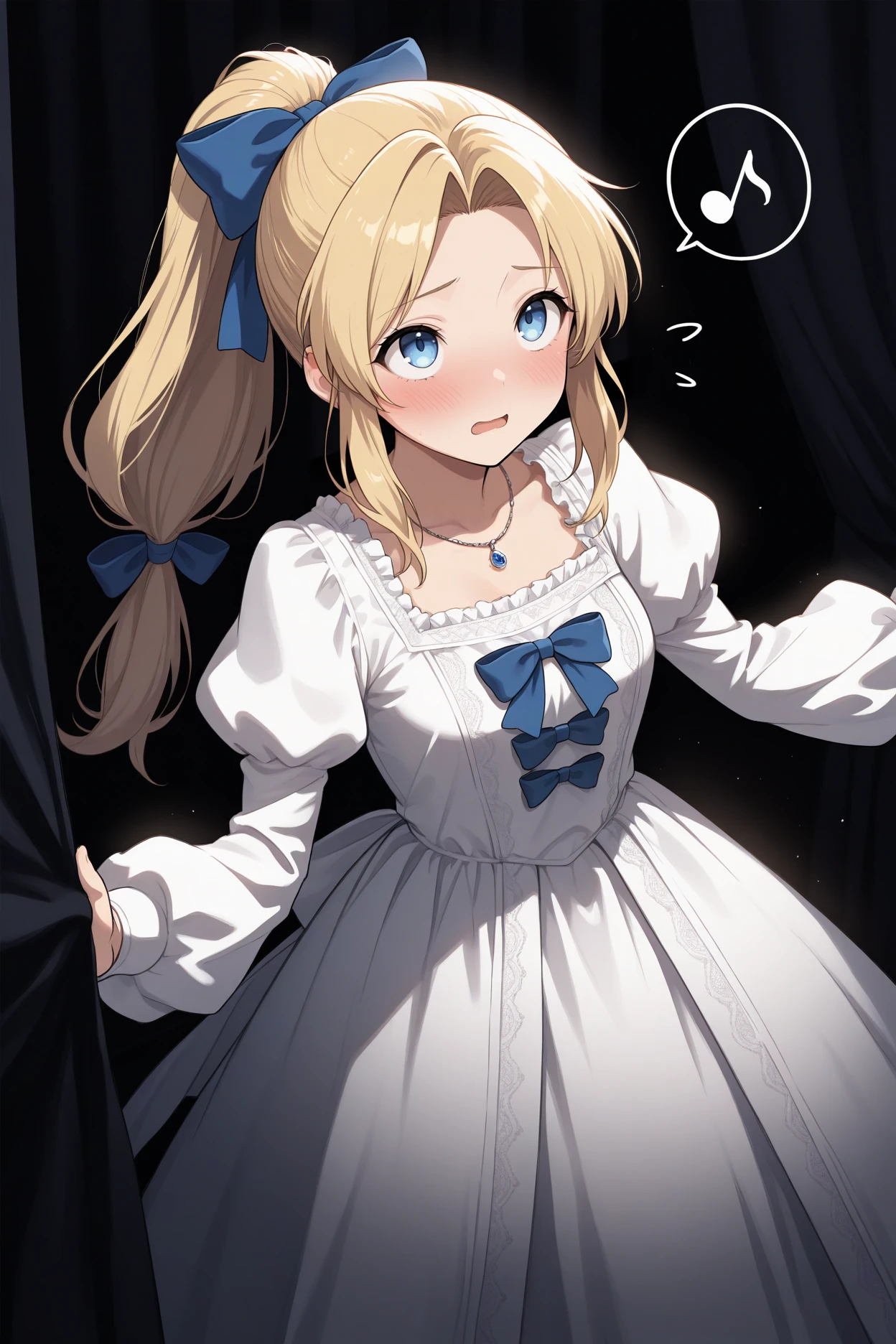 masterpiece, best quality, 1girl, solo, <lora:ffceles-illu-nvwls-v1-000006:1> ffcls, blonde hair, long hair, parted bangs, blue eyes, hair bow, ponytail, necklace, white dress, white gown, frills, juliet sleeves, blue bow, open mouth, spoken musical note, embarrassed, blush, outstretched arms, dark theme, curtains, looking up, stage
