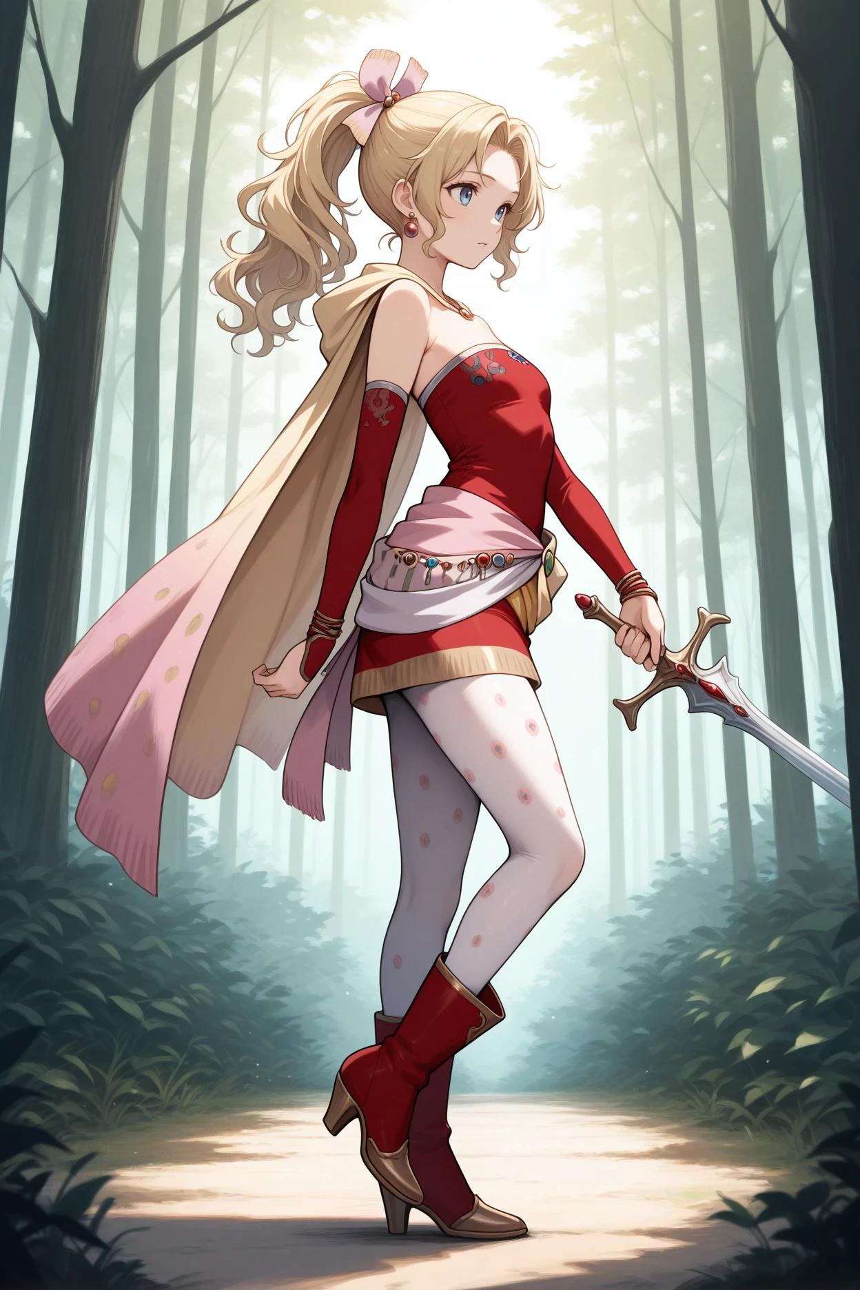 masterpiece, best quality, 1girl, solo, <lora:fftina-illu-nvwls-v1-000006:1> fftnb, wavy hair, ponytail, parted bangs, blonde hair, blue eyes, hair ribbon, earrings, yellow cape, strapless dress, short dress, red sleeves, detached sleeves, clothes around waist, print pantyhose, white pantyhose, red boots, full body, standing on one leg, dynamic pose, holding sword, forest, from side, parted lips, looking to the side