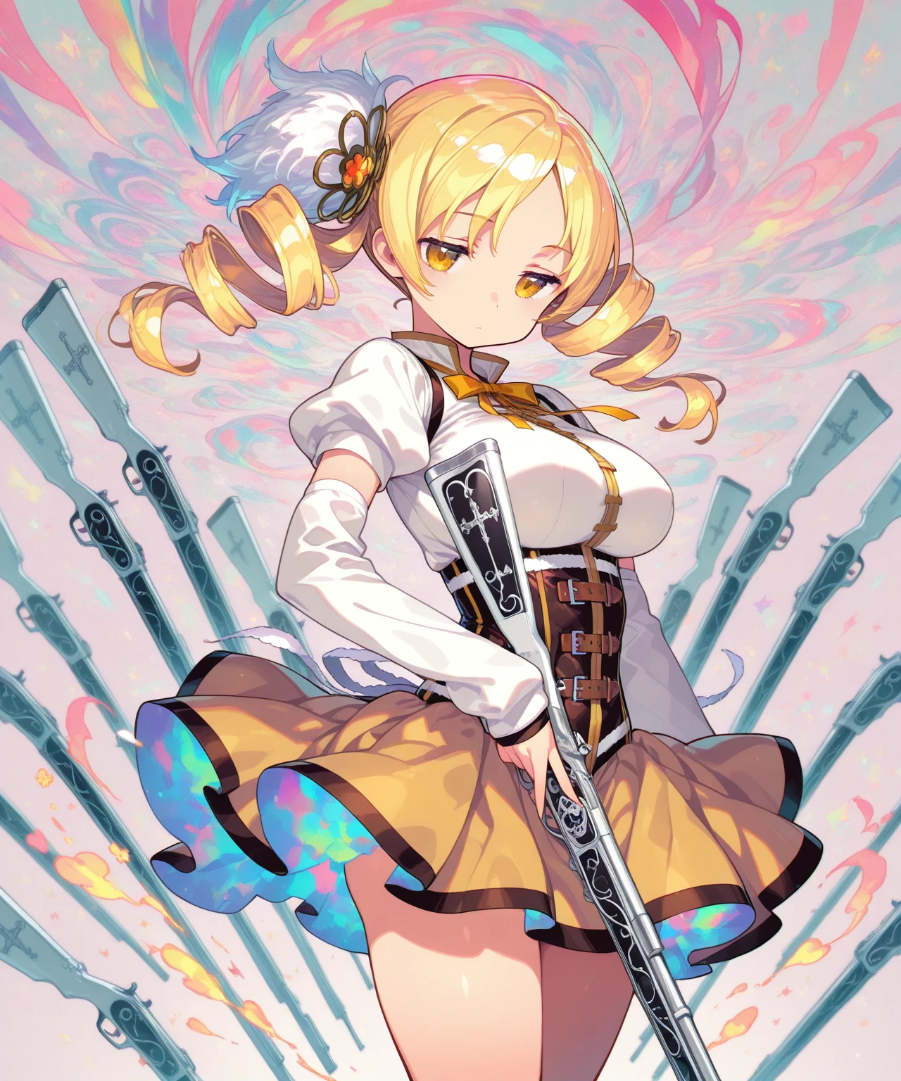 ,masterpiece,best quality,(pastel style:1.5),
1girl,tomoe mami \(magical girl\), 
magical musket,ribbon,dynamic pose, 
cowboy shot, psychedelic,colorful, 