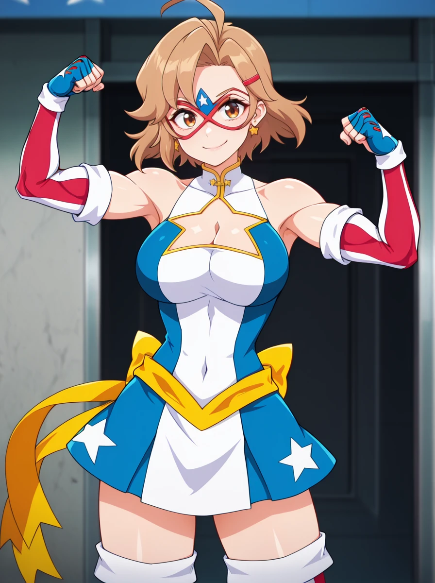 masterpiece, best quality, amazing quality, very aesthetic, absurdres, newest anime screenshot,
<lora:TachibanaHibikiIlus:0.7>tachibanahibiki, 1girl, short hair, hair ornament, brown hair, hairclip, brown eyes, smile <lora:KamenAmerica_r1:1>kamenamerica, solo, breasts, gloves, earrings, large breasts, mask, , fingerless gloves, thighhighs, cleavage, star (symbol), flexing, smile, star_cleavage muscular female,