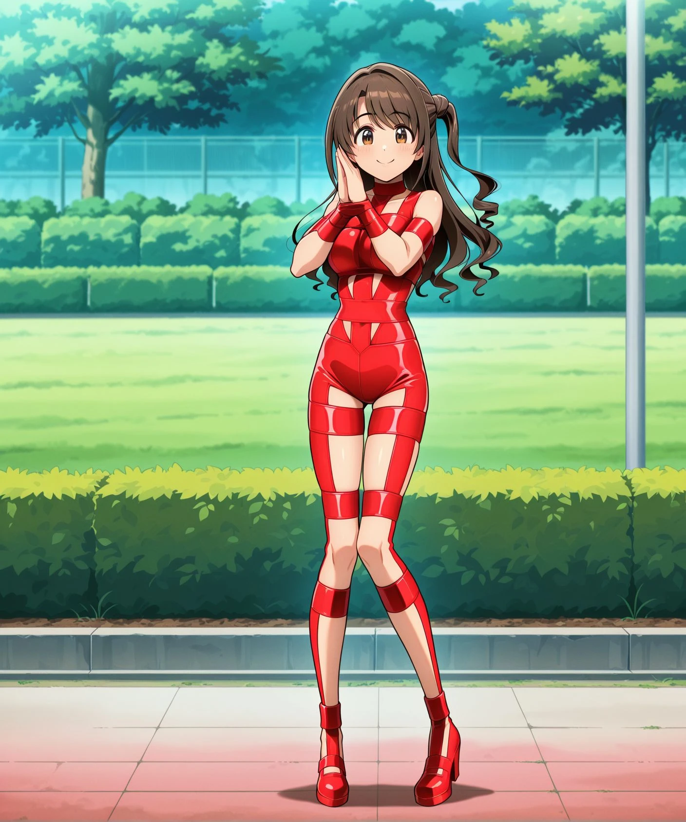 ((masterpiece, best quality)),very detailed, simple eyes,medium breasts,standing,lisa imai,1girl,smile, earrings, full_body, jewelry, long_hair, looking_at_viewer, superhero, leotard, bare legs, boots, matching boots, stand, standing, highleg, hand on hip, city backdrop,