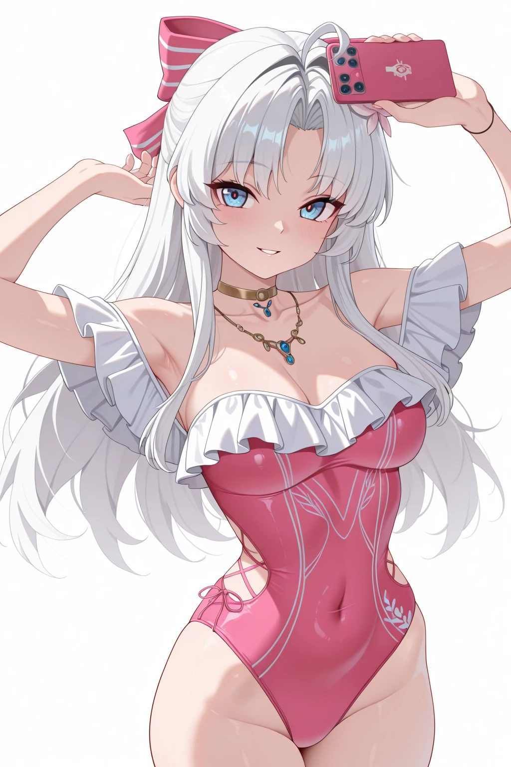 wearing bunny outfit, cowboy shot, pink to white (gradient clothes:1.3),, ultra detailed, masterpiece, best quality, aesthetic, detailed,, serious, 1girl, Emilia re:zero, purple eyes, Emilia, crown braid, x hair ornament, flower hair ornament, white hair, long hair, medium breasts,