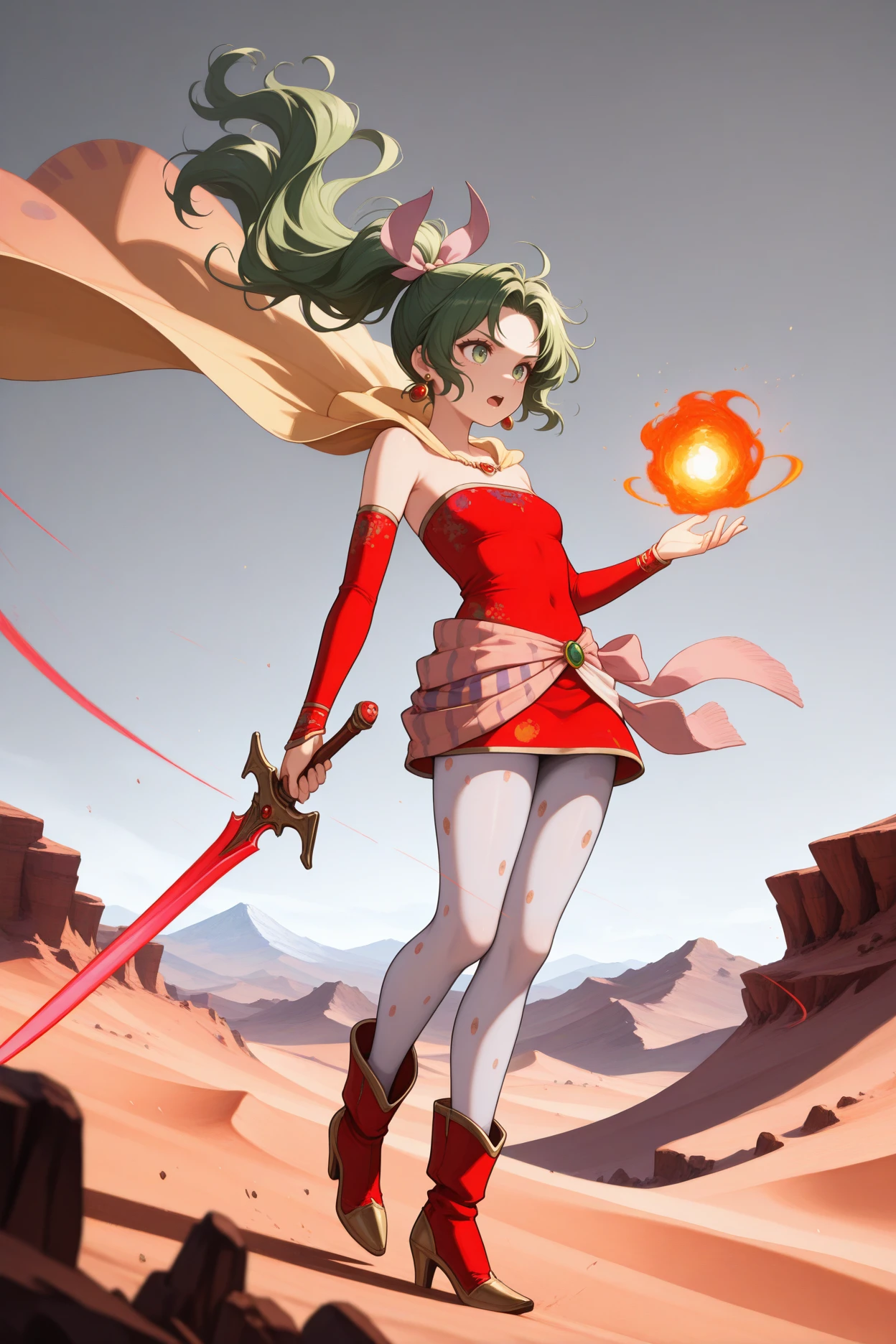 masterpiece, best quality, 1girl, solo, <lora:fftina-illu-nvwls-v1-000006:1> fftnb, wavy hair, ponytail, parted bangs, green hair, green eyes, hair ribbon, earrings, yellow cape, strapless dress, short dress, red sleeves, detached sleeves, clothes around waist, print pantyhose, white pantyhose, red boots, holding sword, holding fireball, casting magic, open mouth, serious, desert, grey sky, wind, wide shot, mountains, dynamic pose