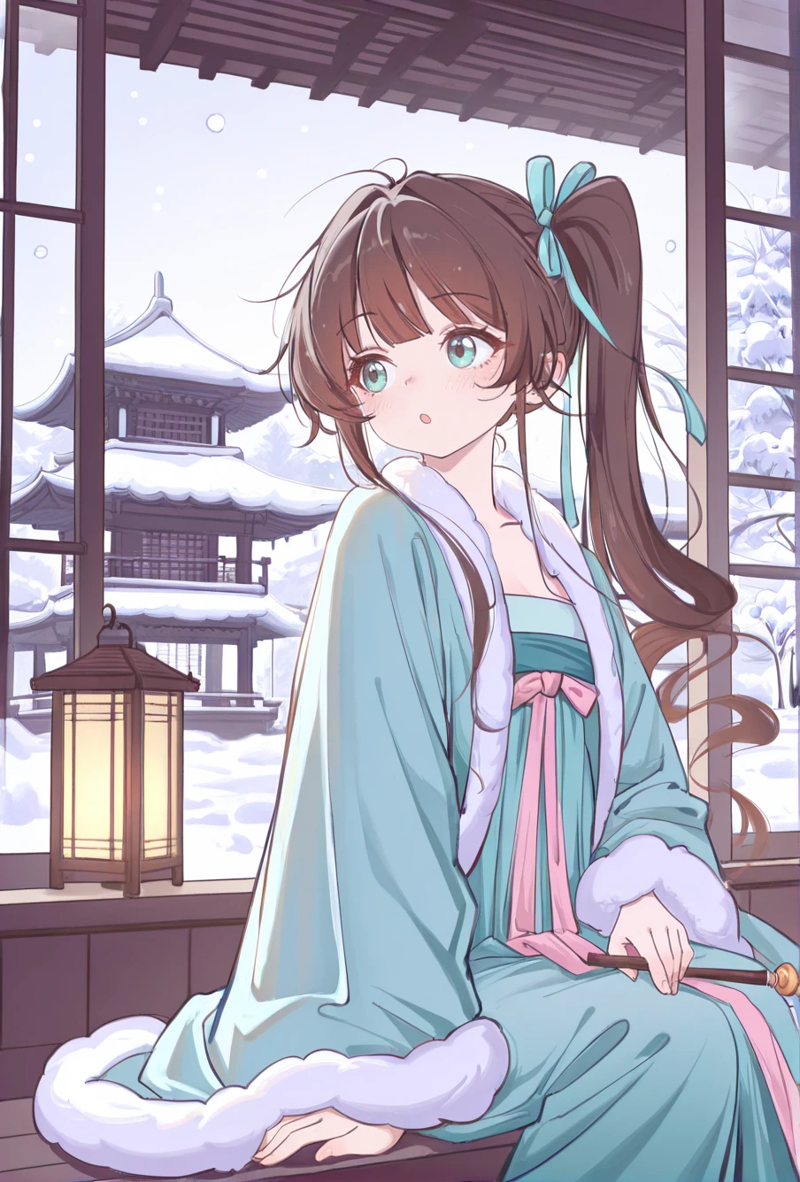 masterpiece, best quality, amazing quality, very aesthetic, newest, absurdres, highres,
1girl, solo.
<lora:NagaseMinatoIllustriousV1:1> nagaseminato, aqua eyes, long hair, brown hair, hair ribbon, side ponytail,
<lora:æç»ç»é£_xiaohuoguo:0.8> xiaohuoguo
snowing, sitting, east asian architecture, lantern, hanfu, fur trim,
looking to the side, holding, :o,