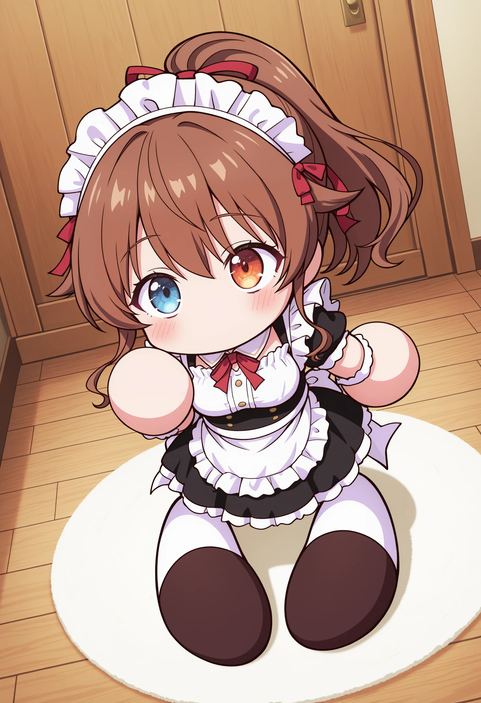 1girl,(sho \(sho lwlw\):0.7),(toosaka asagi:0.5),(sincos:0.3),solo,
masterpiece, best quality, newest, absurdres, CG, anime, source anime, illustration,
maid, maid headdress,medium breasts,
pawapuro , chibi ,no mouth,blush,full body , <lora:pawapuro_Illust_v3:1.2>
dutch angle, looking up, brown hair, heterochromia,light smile, oratory, braid ponytail hair,