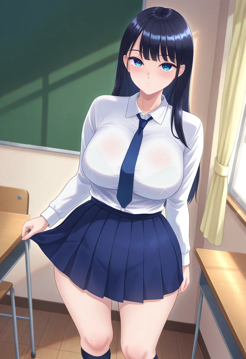 score_9, score_8_up, score_7_up, score_6_up, score_5_up, BREAK source_anime, anime screencap, 1girl, black hair, purple eyes, long hair, bangs, voluptuous body, big breasts, standing, student, school, shirts, skirt