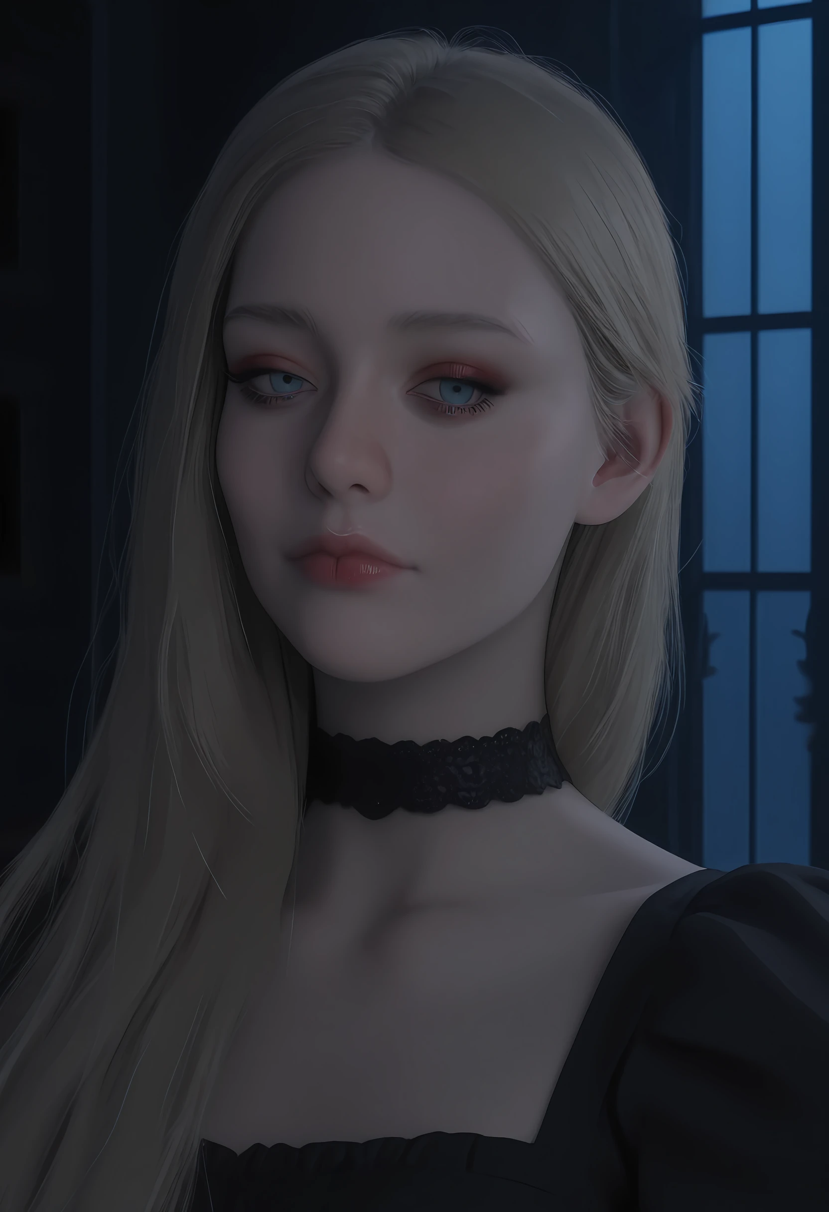 masterpiece, best quality, amazing quality, very aesthetic, absurdres, newest, <lora:RosemaryRE8ILf:1> r0silf, 3d, 1girl, blonde hair, blue eyes, portrait, close-up, looking at viewer, black dress, choker, eyes half closed, eyeshadow, long eyelashes, red lips, puffy sleeves,
dark, mansion, indoors, large windows, night, ballroom,
