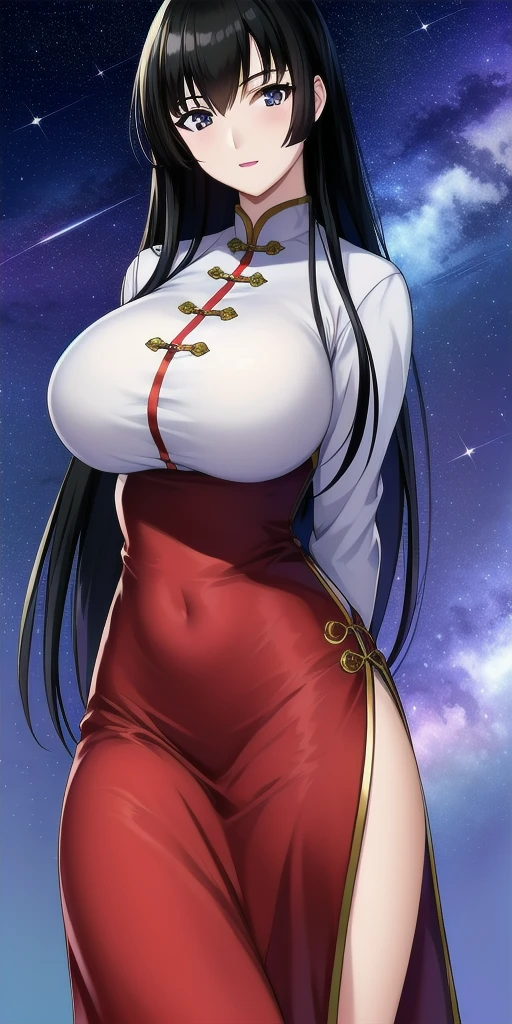 1girl, beautiful face, ((white eyes)), sexy pose, gigantic breasts, huge cleavage, (wide hips), (thick thighs), Red moon in the background, stars, space, (lightroom:1.13), soft light, (natural skin texture:1.2), (hyperrealism:1.2), sharp focus, focused