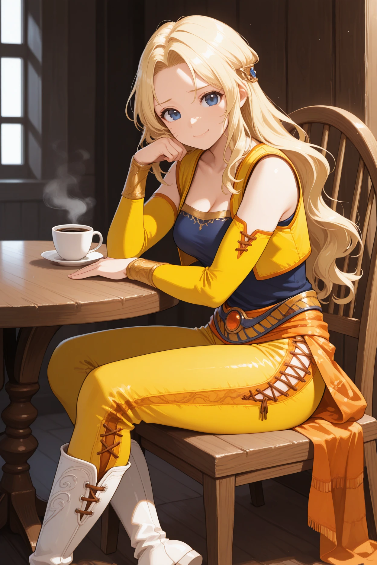 masterpiece, best quality, 1girl, solo, <lora:ffceles-illu-nvwls-v1-000006:1> ffcls, blonde hair, long hair, parted bangs, blue eyes, wavy hair, yellow vest, detached sleeves, yellow sleeves, dark blue shirt, cleavage, sash, yellow pants, side-laced pants, sarong, white boots, sitting, wooden chair, table, coffee, looking at viewer, indoors, smile, furrowed brow