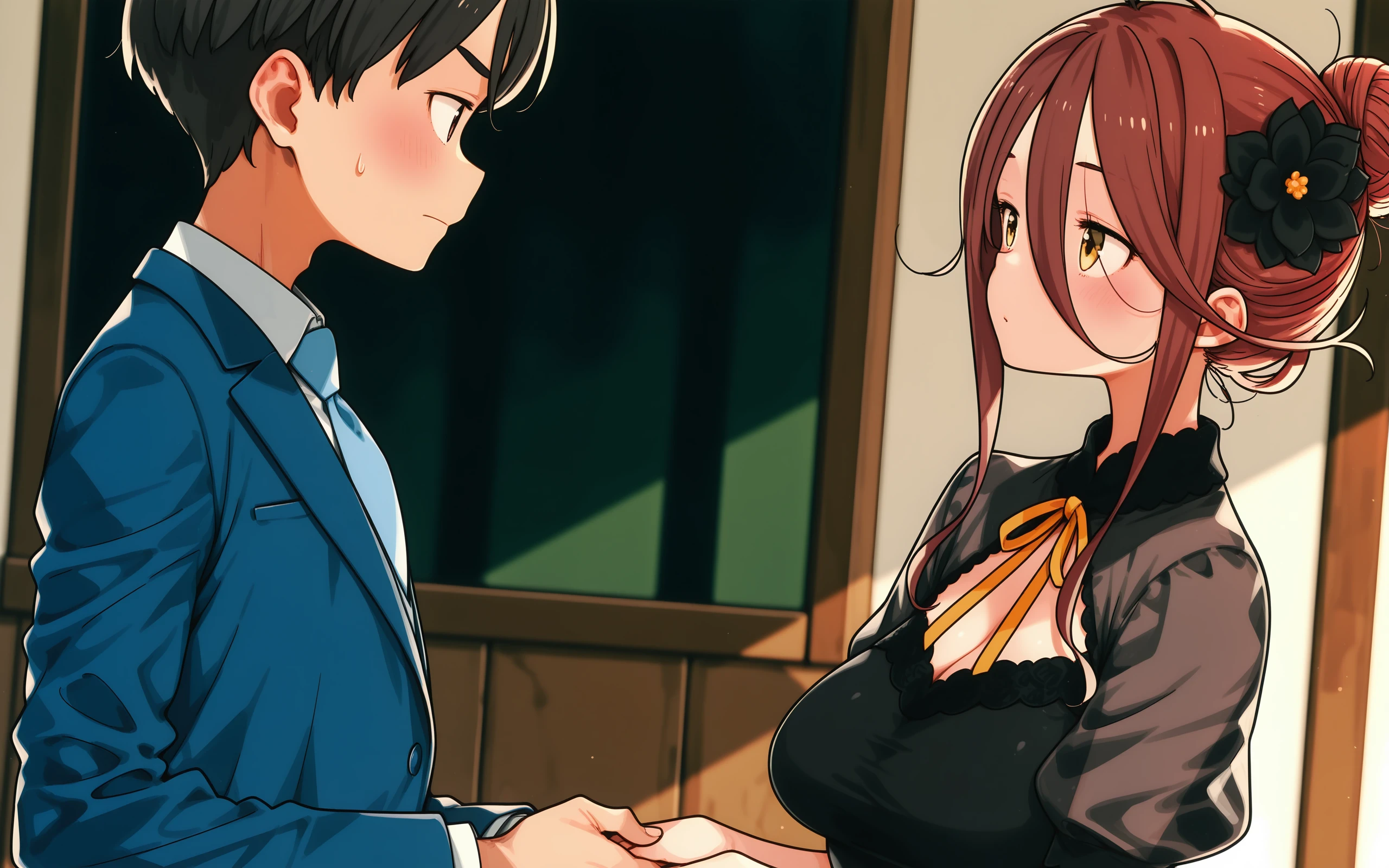 1girl,1boy,flower,holding hands,hair ornament,breasts,hair flower,necktie,black hair,looking at another,black dress,dress,formal,blue jacket,shirt,hair between eyes,blue necktie,cleavage,jacket,single hair bun,short sleeves,yellow eyes,blush,hetero,neck ribbon,suit,short hair,upper body,sweatdrop,brown eyes,eye contact,large breasts,hair bun,ribbon,long hair,long sleeves,brown hair,collared shirt,closed mouth,ahoge,see-through,
masterpiece,best quality,
<lora:dmd2 4 steps color fix:1>,<lora:imigimuru-illv6-000040:1>,