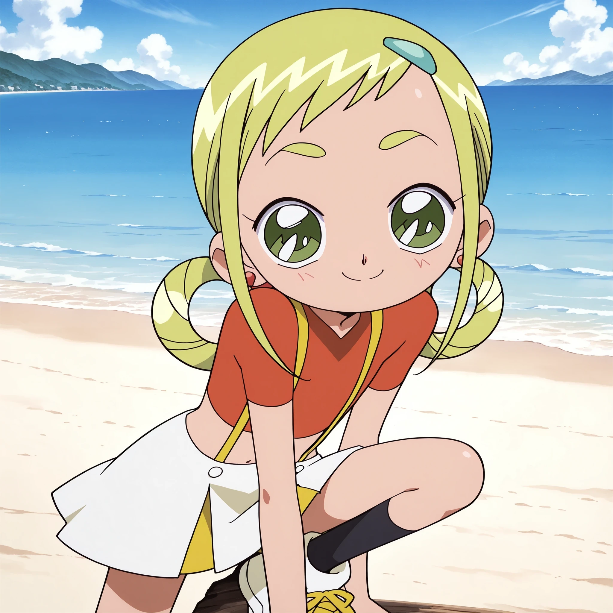 Haruna Annaka, Blonde, Short hair, a large red ribbon on your head, Yellow eyes, High school students, (a beautiful painting), Detailed background, Full body, Embarrassed look, blush, ((White Bikini)), flat chest, Summer, Outside, Sandy beach, Too much exposed skin, barefoot, looking at viewer, arms down, Low Angle