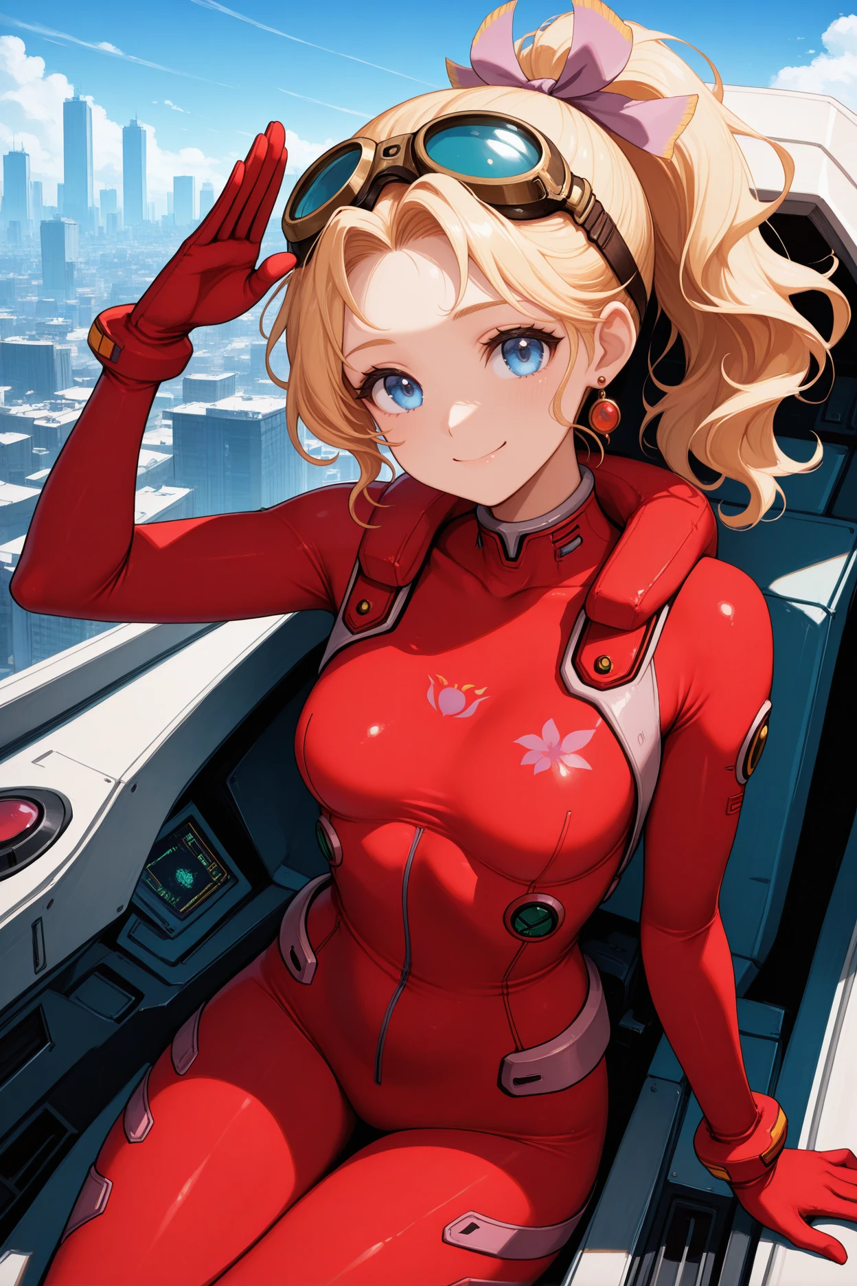 masterpiece, best quality, 1girl, solo, <lora:fftina-illu-nvwls-v1-000006:1> fftnb, wavy hair, ponytail, parted bangs, blonde hair, blue eyes, hair ribbon, earrings, red bodysuit, pilot suit, sitting, cockpit, looking at viewer, smile, cityscape, blue sky, salute, goggles on head