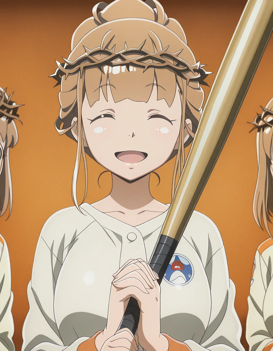 masterpiece, best quality, amazing quality,, <lora:hinata-miyake-s1-illustriousxl-lora-nochekaiser:1>, hinata miyake, miyake hinata, short hair, brown hair, brown eyes, mature female, breasts, anime screencap,, <lora:crown-of-thorns-illustriousxl-lora-nochekaiser:1>, crown of thorns, portrait, closed eyes, own hands together, own hands clasped, praying,, <lora:batting-stance-illustriousxl-lora-nochekaiser:1>, batting stance, looking at viewer, smile, open mouth, baseball bat, holding baseball bat, ,
