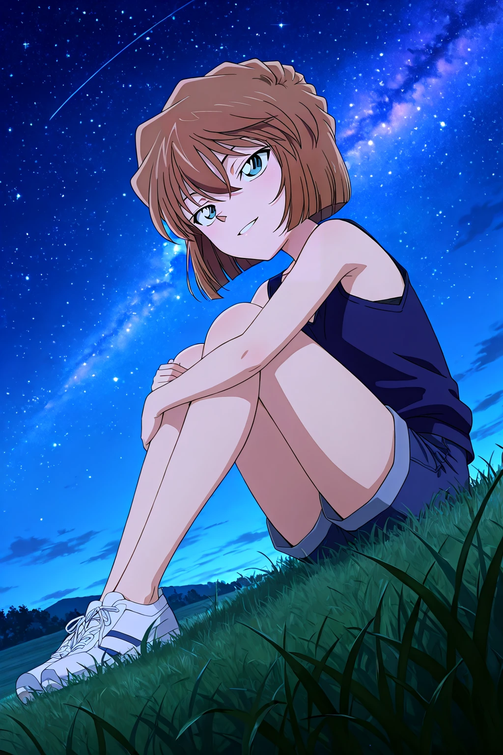 from below,from side,night,night sky,star \(sky\),hillside,grass,on grass,knee up,sitting,legs together,hugging own legs,
1girl,looking up,looking at sky,full body,seductive smile,head up,
Best quality,masterpiece,soft light,official art,high quality,highres,absurdres,epic scene,natural textures,<lora:Haibara Ai IL V2:1>,haibara ai,short hair,brown hair,blue eyes,hair between eyes,
