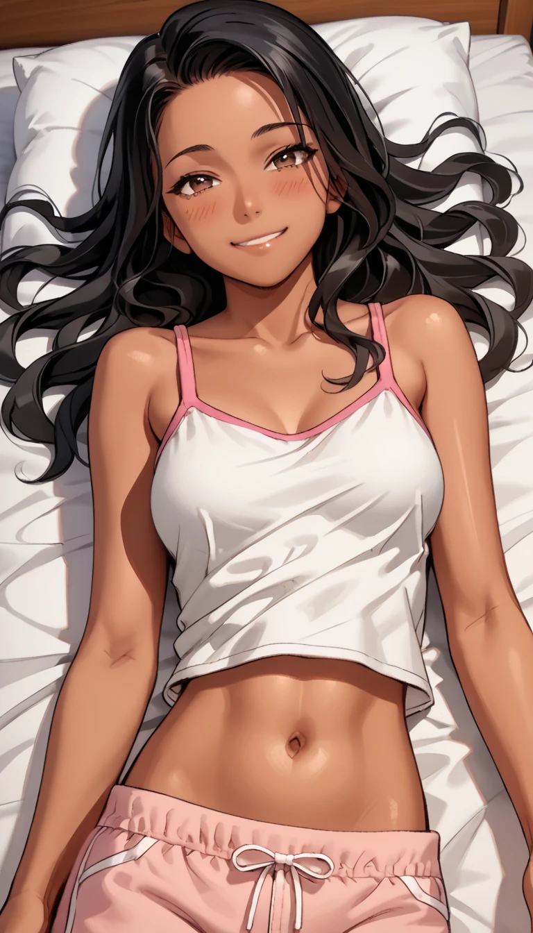 anime-style depiction of a dark tan-skinned girl clad in a cami crop top and long skirt, she has an upset stomach, she is holding her abdomen in pain, her ribs visible, she is lying down in the bed, her expression showing a lot of pain and suffering