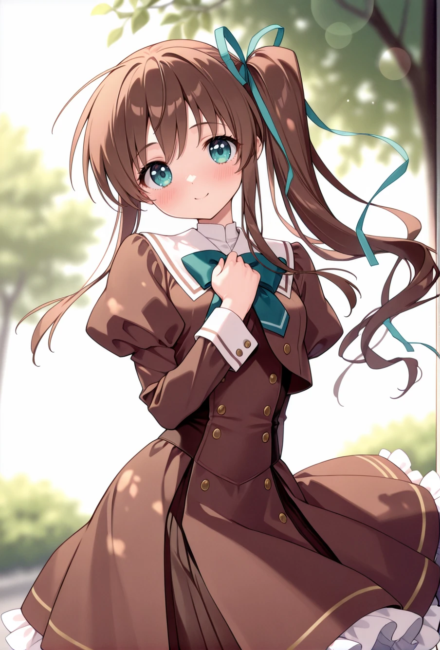 masterpiece, best quality, amazing quality, very aesthetic, newest, absurdres, highres,
1girl, solo.
<lora:tenmu_illustriousXL:0.6> <lora:Carnelian_illustriousXL_v2:0.9>
<lora:NagaseMinatoIllustriousV1:1> nagaseminatodef, aqua eyes, long hair, brown hair, hair ribbon, side ponytail, school uniform, green bowtie, juliet sleeves, sailor collar, brown dress, frilled dress, cropped jacket,
looking at viewer, smile, blush, hand on own chest,
dappled sunlight, blurry background, lens flare,