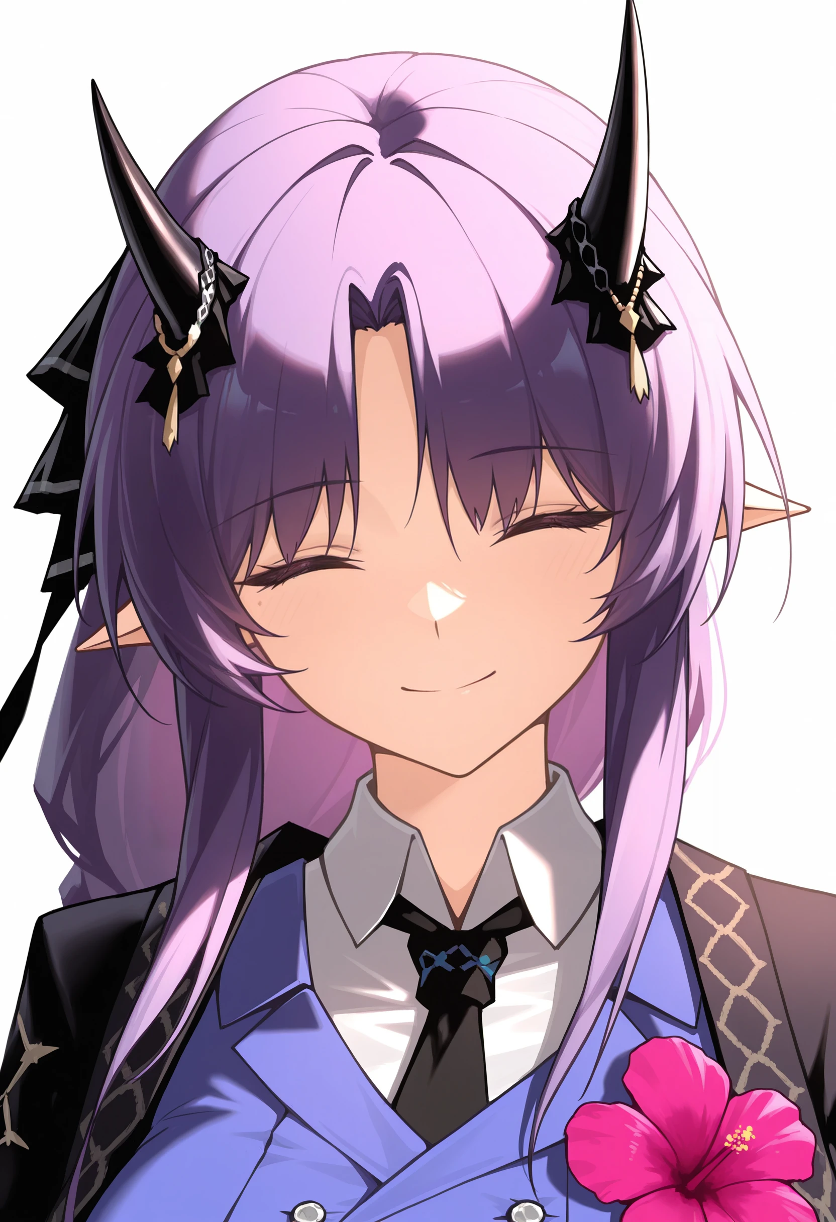 masterpiece,best quality,amazing quality,1girl,hibiscustp, hibiscus the purifier \(arknights\), purple eyes, purple hair, hair ribbon, horns, braided ponytail, horn ornament, official costume, white shirt, collared shirt,necktie, hibiscus, black coat, purple jacket, portrait, smile, close eyes, happy,
<lora:Hibiscus the purifier (Illustrious) v1:1.0>