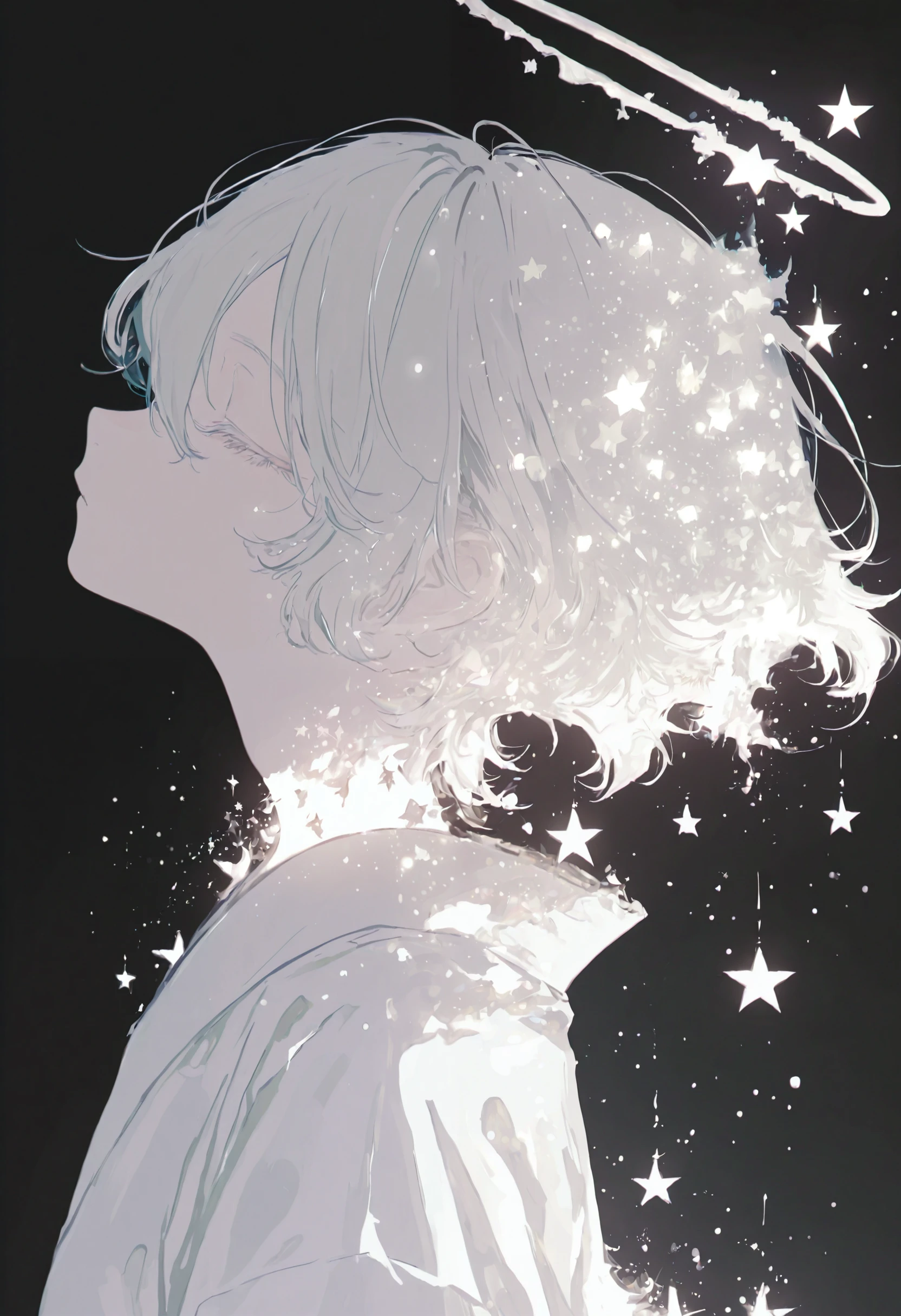 <lora:kota-illustriousXL_v01_V3-CAME>, solo, black background, closed eyes, upper body, short hair, simple background, halo, from side, star \(symbol\), japanese clothes, profile, dissolving, kimono, white kimono, androgynous, light particles, 1girl, 1other