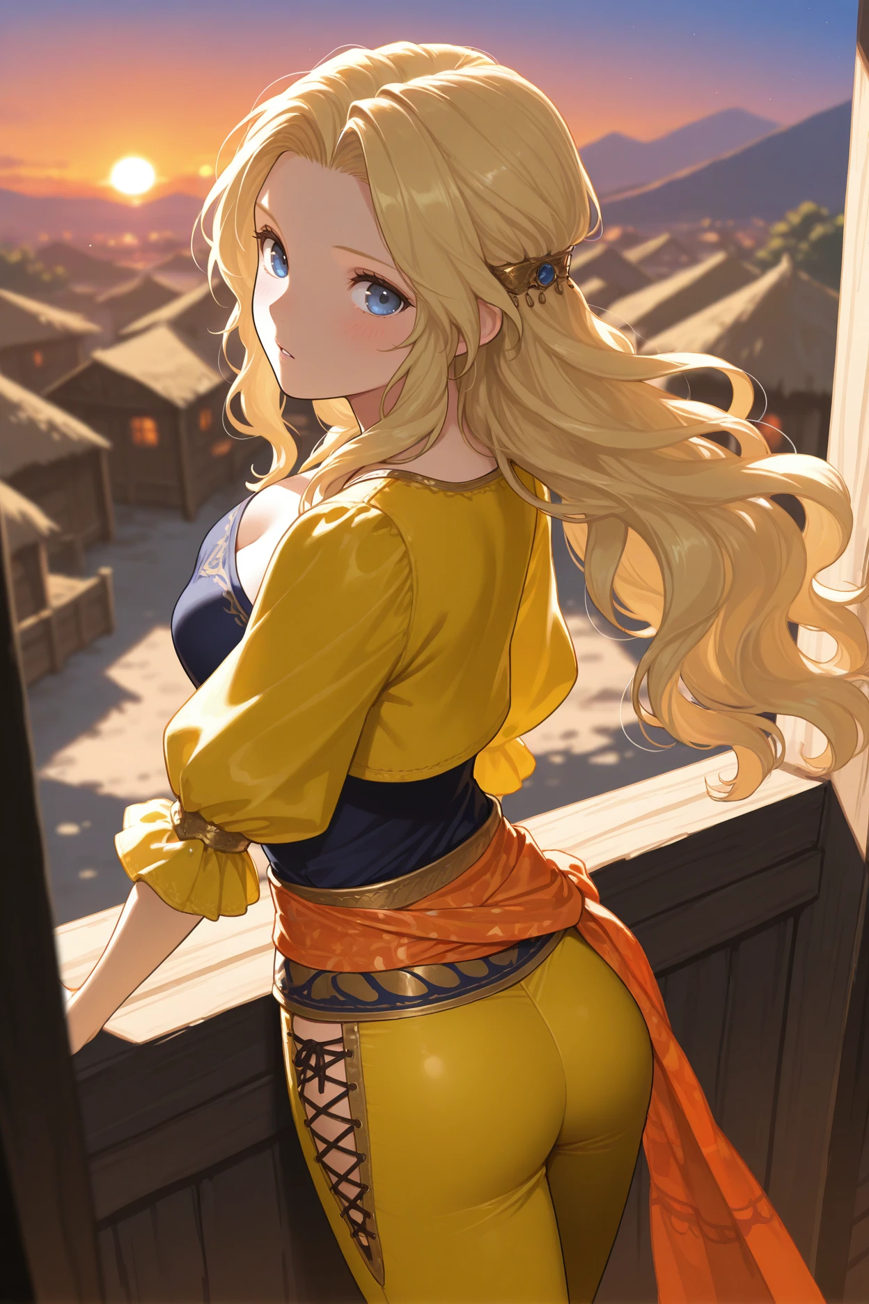 masterpiece, best quality, 1girl, solo, <lora:ffceles-illu-nvwls-v1-000006:1> ffcls, blonde hair, long hair, parted bangs, blue eyes, wavy hair, yellow jacket, puffy sleeves, dark blue shirt, cleavage, sash, yellow pants, side-laced pants, sarong, , from behind, looking back, looking at viewer, blush, sunset, village, parted lips, surprised