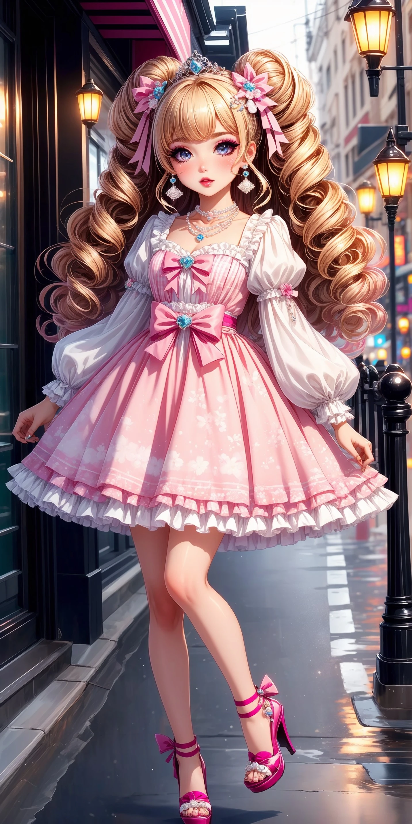 (fullbody) 1girl, big sparkling eyes, blush, full face blushing, hime gyaru, big hair, curly hair, large curls, honey blonde hair, makeup, lipstick, print clothing, floral print, plaid print, dress, short dress, puffy sleeves, ruffles, frills, lace, lace trim, bows, hair ornaments, hair ribbons, ribbon headband, (princess tiara), pearl, pearl hair ornament, light cute jewelry, necklace, heels, pink theme, white theme, <lora:more_details:0.7>, <lora:scene_:0.5>, <lora:FashionComplexityEnhancerLORAv1:0.4>, <lora:b0f12bd0-2b72-441b-994e-54c9fc47df3f:0.6>, <lora:f7d08feb-f21d-42d0-9ef1-a9481867524d:0.3>, <lora:96073874-f082-4683-942e-601cecac5c40:0.3>, <lora:5844635f-c9c3-4f9e-85c4-d0d40f201159:0.3>, <lora:dde4416e-9f24-48d4-a965-d989baea5d73:0.2>, ,