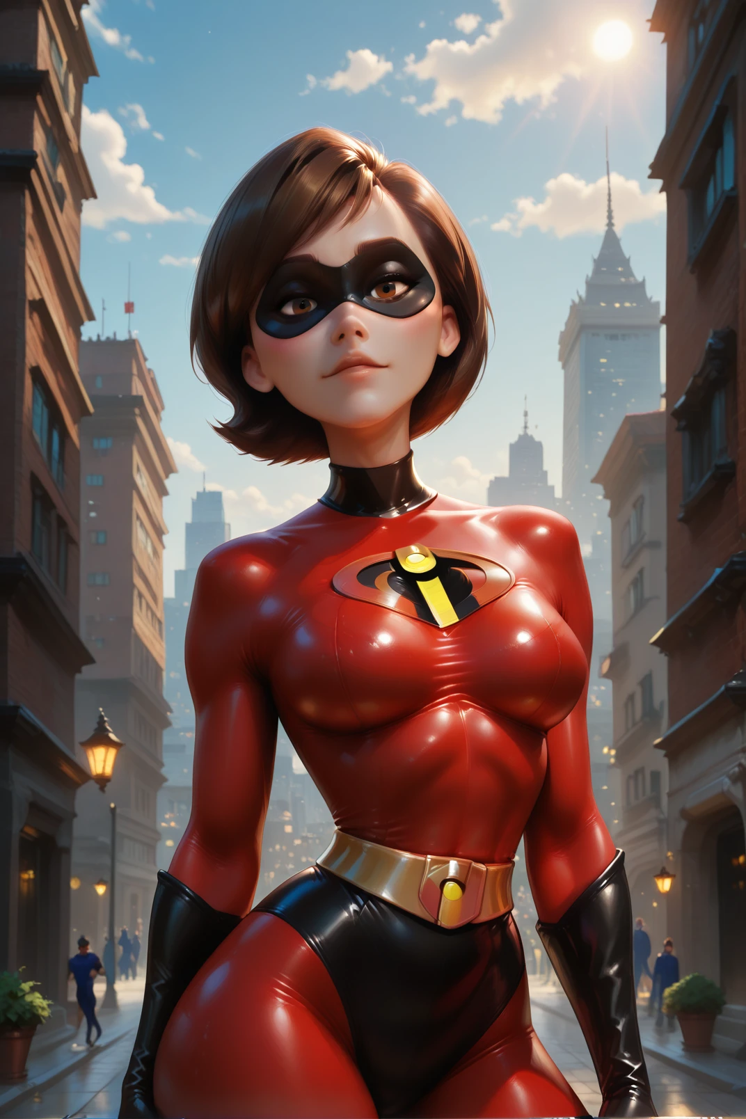 (The best quality,A high resolution,Ultra - detailed,actual),Helen Parr, 1 fat girl, body plus, red and black body suit ,(domino mask), Short brown hair, ,(Ruined dungeon ruins background:1.4 ), (Face details: 1.5, bright blue eyes, beautiful face, pretty eyes, Iris contour, thin lips: 1.5, Thin, sharp pale eyebrows, Long, dark eyelashes, double tabs),(Helen Parr :1.4),( Helen Parr V2.1), (dynamic pose), (The Incredibles), (not mutations), (cavern background big stones:1.4),(Ruined dungeon ruins background:1.4 ),( bright colors), (masterpiece: 1.4), (8k, realist, raw photo, The best quality: 1.4),