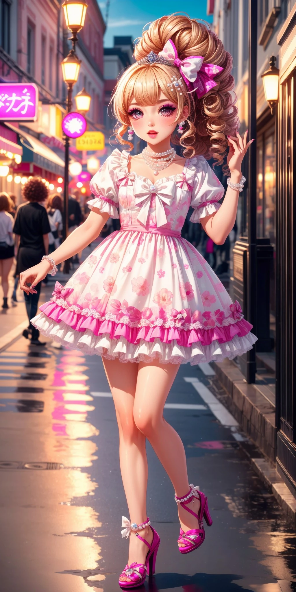 (fullbody) 1girl, big sparkling eyes, blush, full face blushing, hime gyaru, big hair, curly hair, large curls, honey blonde hair, makeup, lipstick, print clothing, floral print, plaid print, ((hot pink floral print pearl beaded short dress : 1.2)), puffy short sleeves, miniskirt, bow miniskirt, ruffles, frills, lace, lace trim, bows, hair ornaments, hair ribbons, ribbon headband, (princess tiara), pearl, pearl hair ornament, light cute jewelry, necklace, heels, pink theme, white theme, <lora:more_details:0.7>, <lora:scene_:0.5>, <lora:FashionComplexityEnhancerLORAv1:0.4>, <lora:b0f12bd0-2b72-441b-994e-54c9fc47df3f:0.6>, <lora:96073874-f082-4683-942e-601cecac5c40:0.3>, <lora:f7d08feb-f21d-42d0-9ef1-a9481867524d:0.3>, <lora:5844635f-c9c3-4f9e-85c4-d0d40f201159:0.3>, <lora:betterLight_v10:0.3>, ,